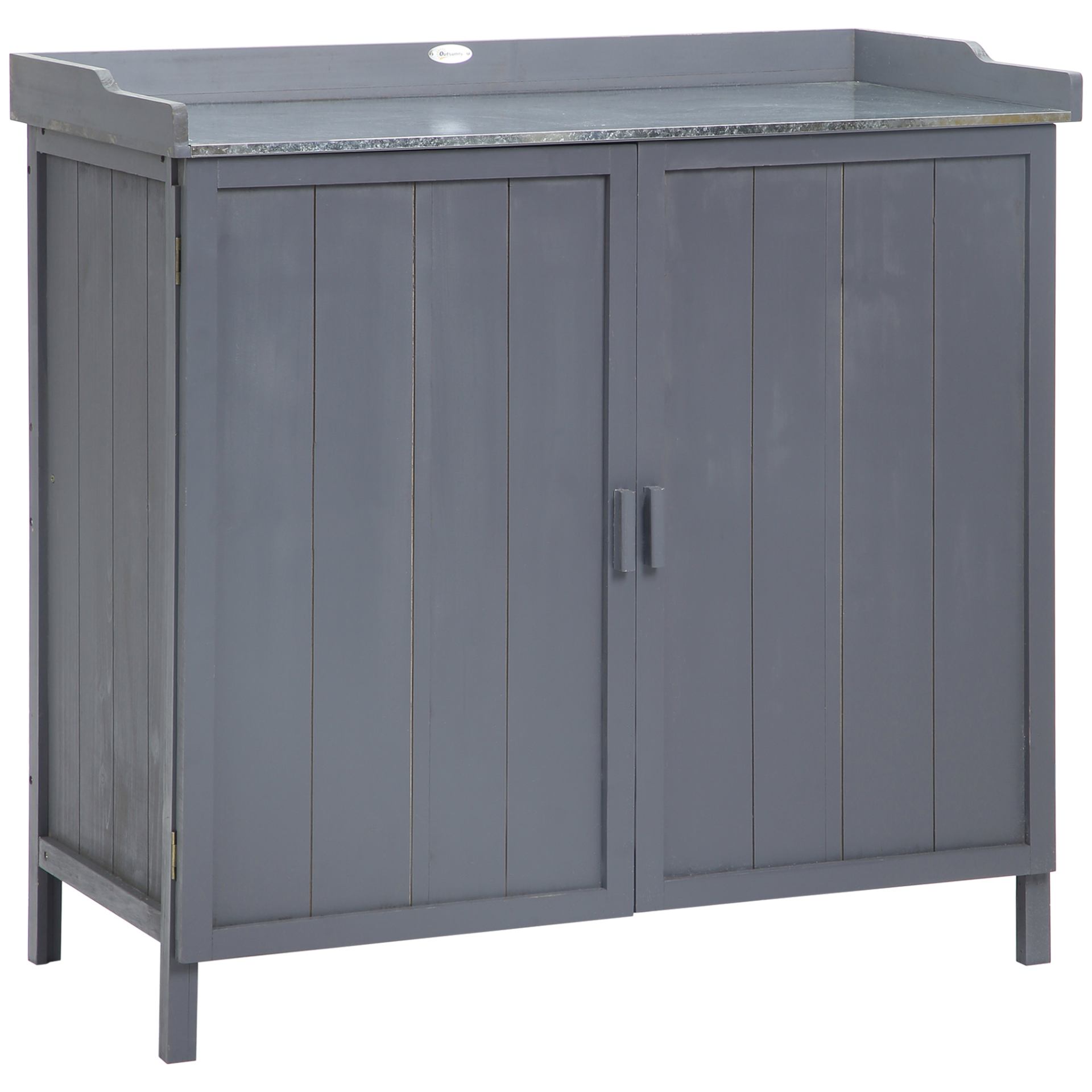 Outsunny Garden Storage Cabinet, Outdoor Tool Shed, Potting Bench Table with Galvanized Top and Two Shelves for Yard Tools or Pool Accessories, Grey