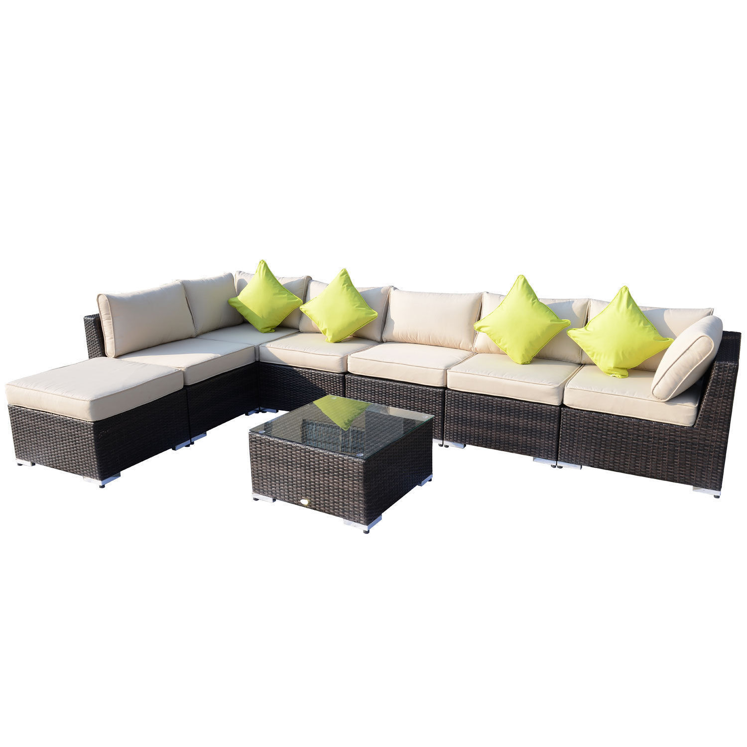 Outsunny 8 Pieces PE Rattan Corner Sofa Set, Outdoor Garden Aluminium Furniture Set, Patio Wicker Sofa Seater w/ 10cm Cushion, Washable Cushion Cover & Tempered Glass Table, Mixed Brown