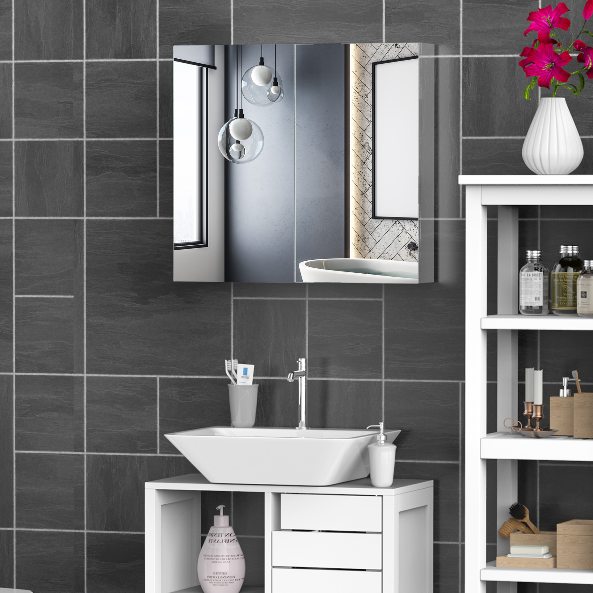 HOMCOM Bathroom Cabinets with Mirror, Stainless Steel Wall Mounted Mirror Storage Cabinet Double Doors 600mm (W)