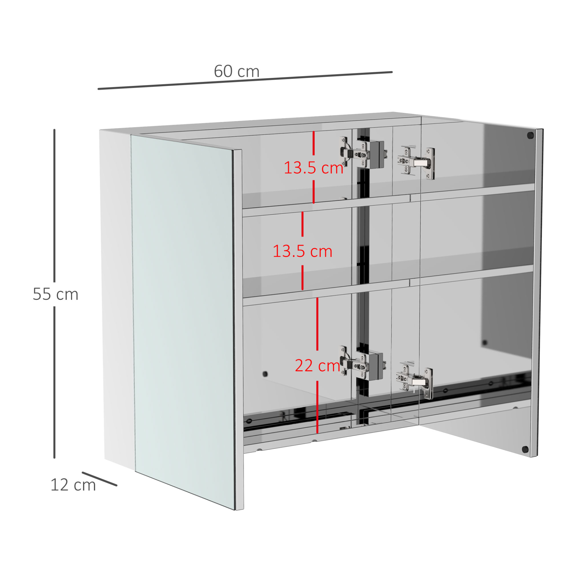 HOMCOM Bathroom Cabinets with Mirror, Stainless Steel Wall Mounted Mirror Storage Cabinet Double Doors 600mm (W)