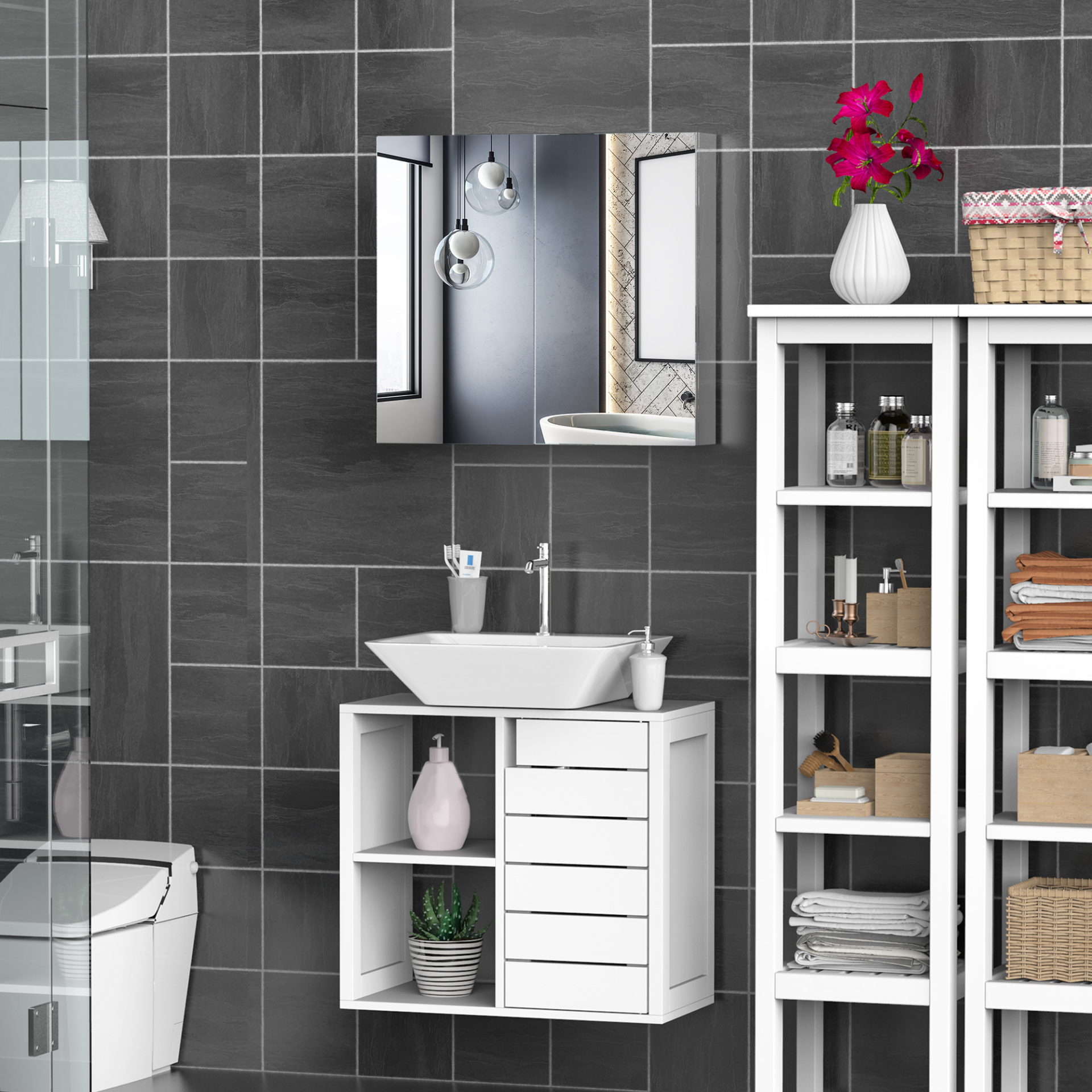 HOMCOM Bathroom Cabinets with Mirror, Stainless Steel Wall Mounted Mirror Storage Cabinet Double Doors 600mm (W)