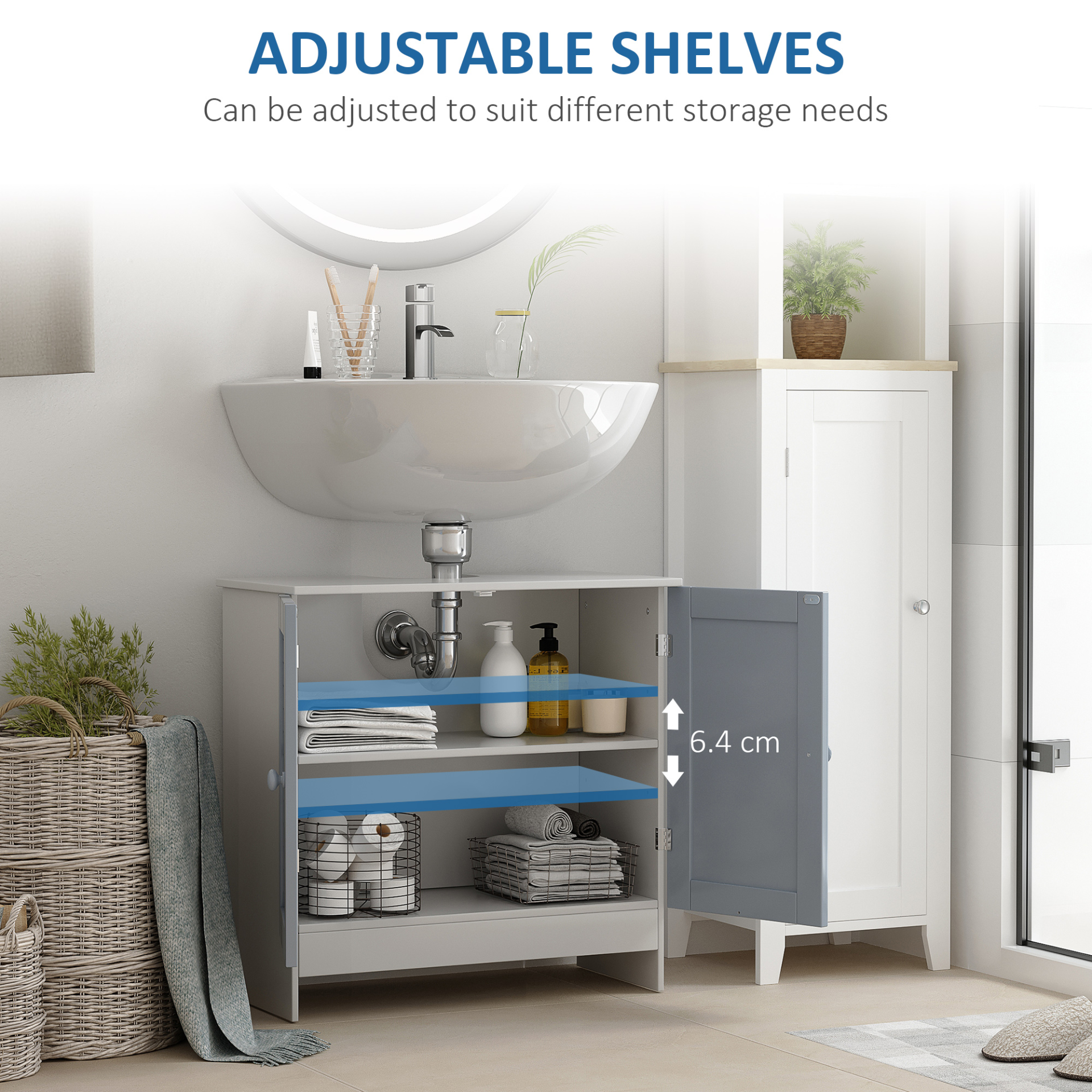 kleankin Under Sink Storage Bathroom Cabinet with Adjustable Shelf, Pedestal Under Sink Design, Grey and White