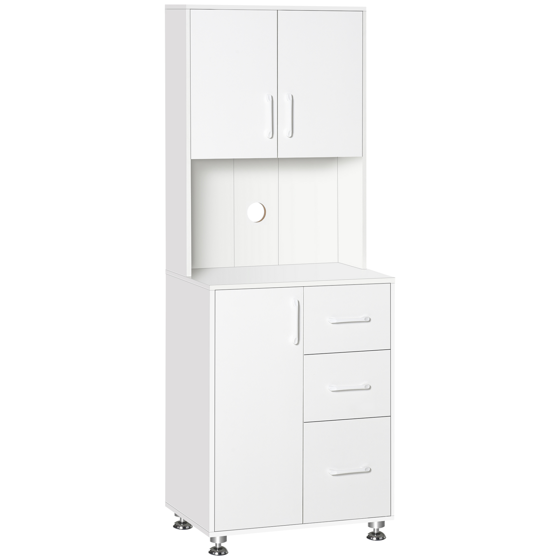 HOMCOM Modern Kitchen Cupboard with Storage Cabinets, 3 Drawers and Open Countertop for Living Room, White