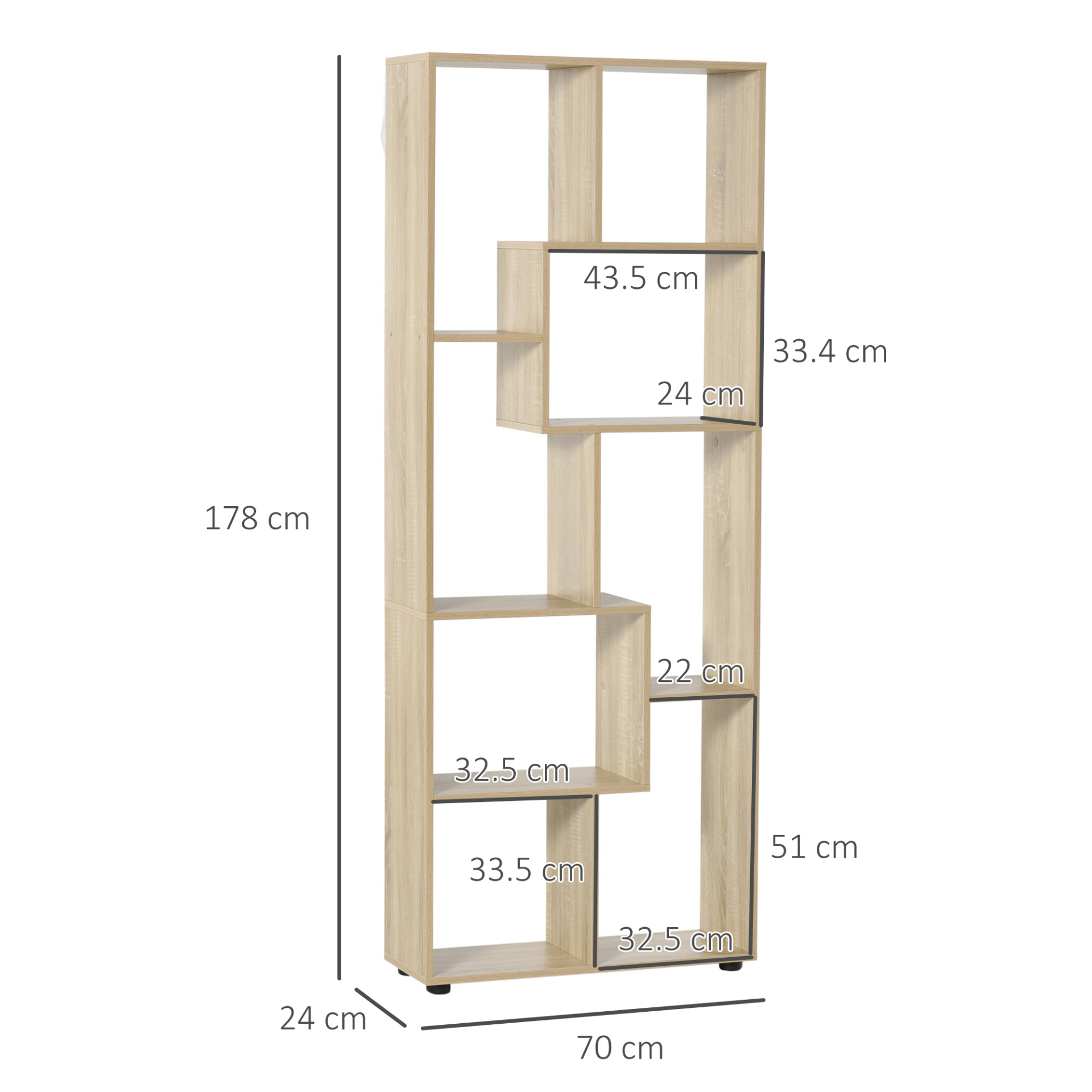 HOMCOM 8-Tier Freestanding Bookcase w/ Melamine Surface Anti-Tipping Foot Pads Home Display Storage Grid Stand Bedroom Living Room Furniture Modern Style - Natural