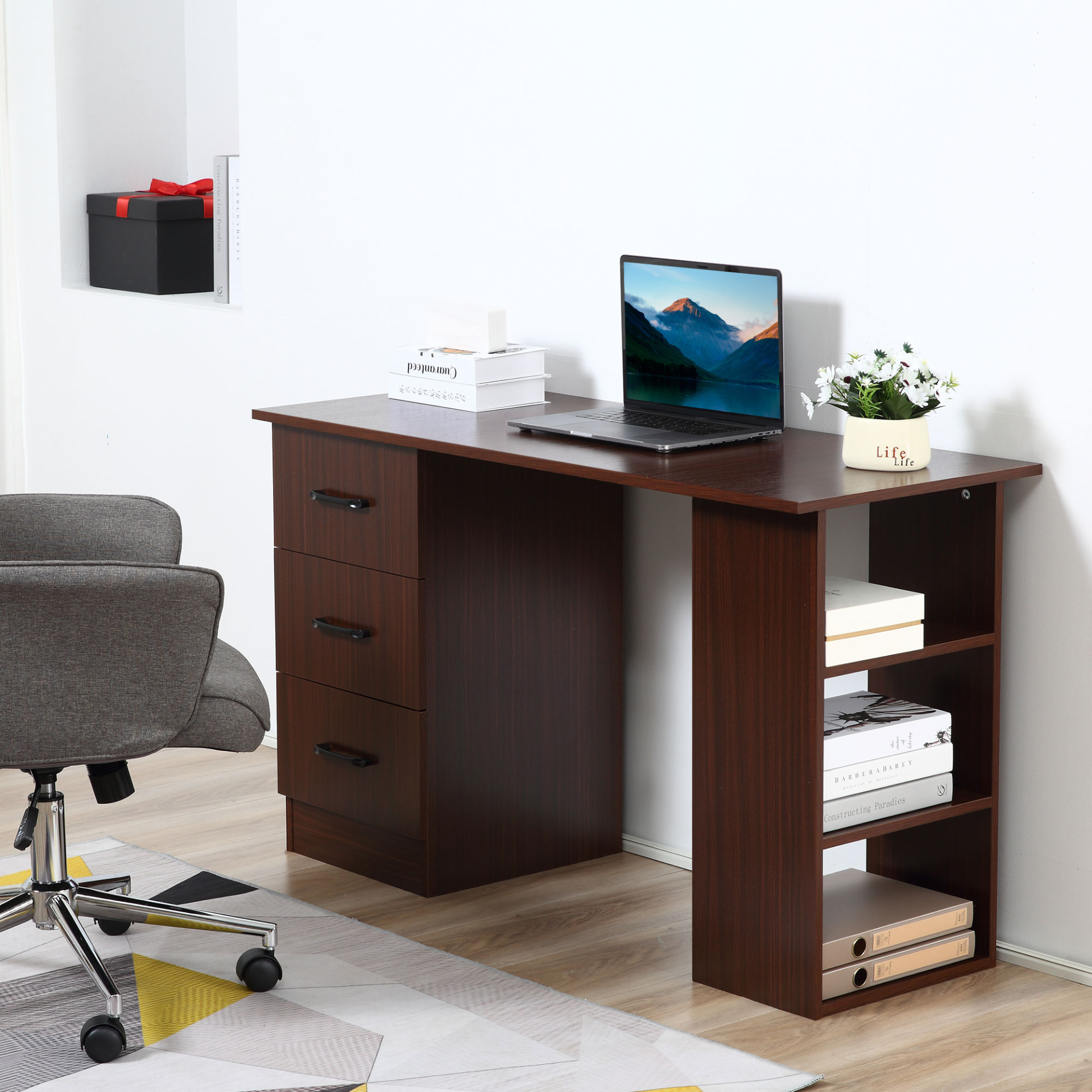 HOMCOM 120cm Computer Desk with Storage Shelves Drawers, Writing Table Study Workstation for Home Office, Walnut Brown