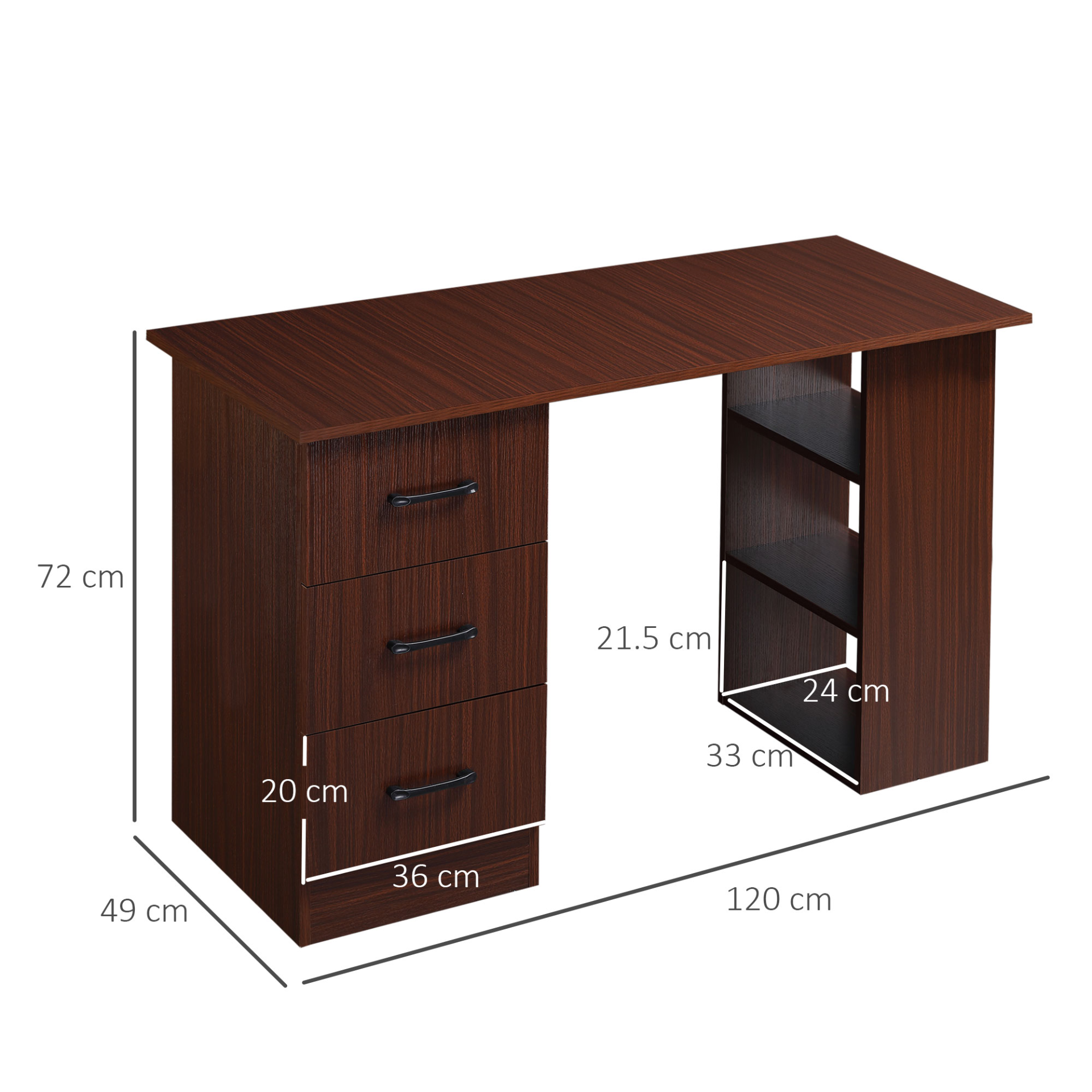 HOMCOM 120cm Computer Desk with Storage Shelves Drawers, Writing Table Study Workstation for Home Office, Walnut Brown