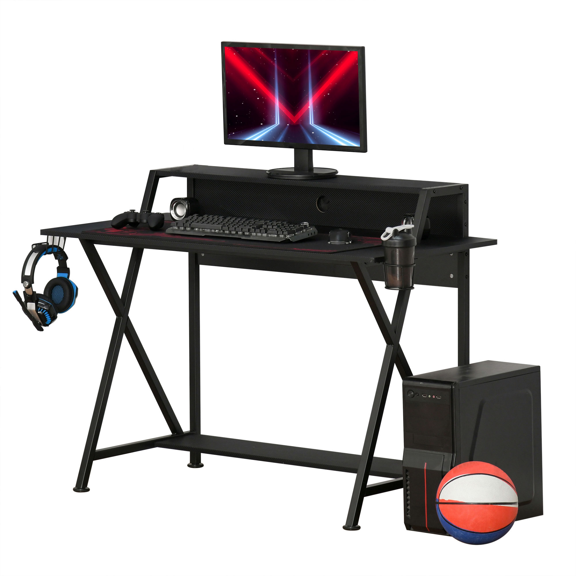 HOMCOM Racing Gaming Desk Carbon Fiber Style Computer Table with Elevated Monitor Shelf, Headphone Hook and Cup Holder, Black