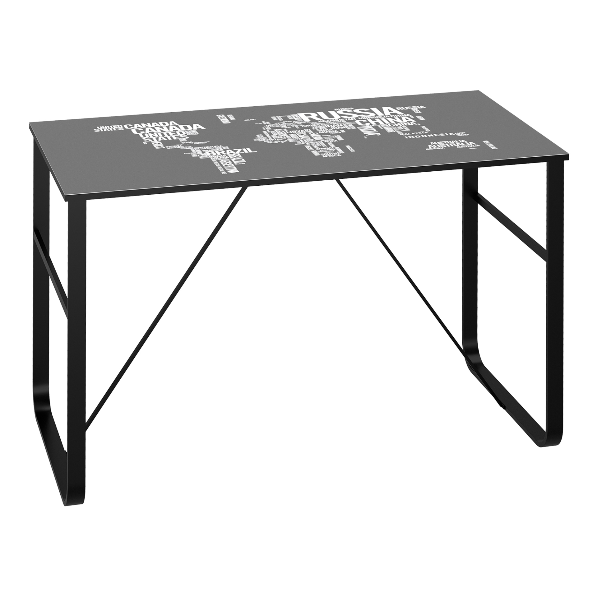 HOMCOM Glass Top Writing Desk with World Map Printing Working Station Home Office Table Gaming Desk Metal Frame Easy Assembly, Black