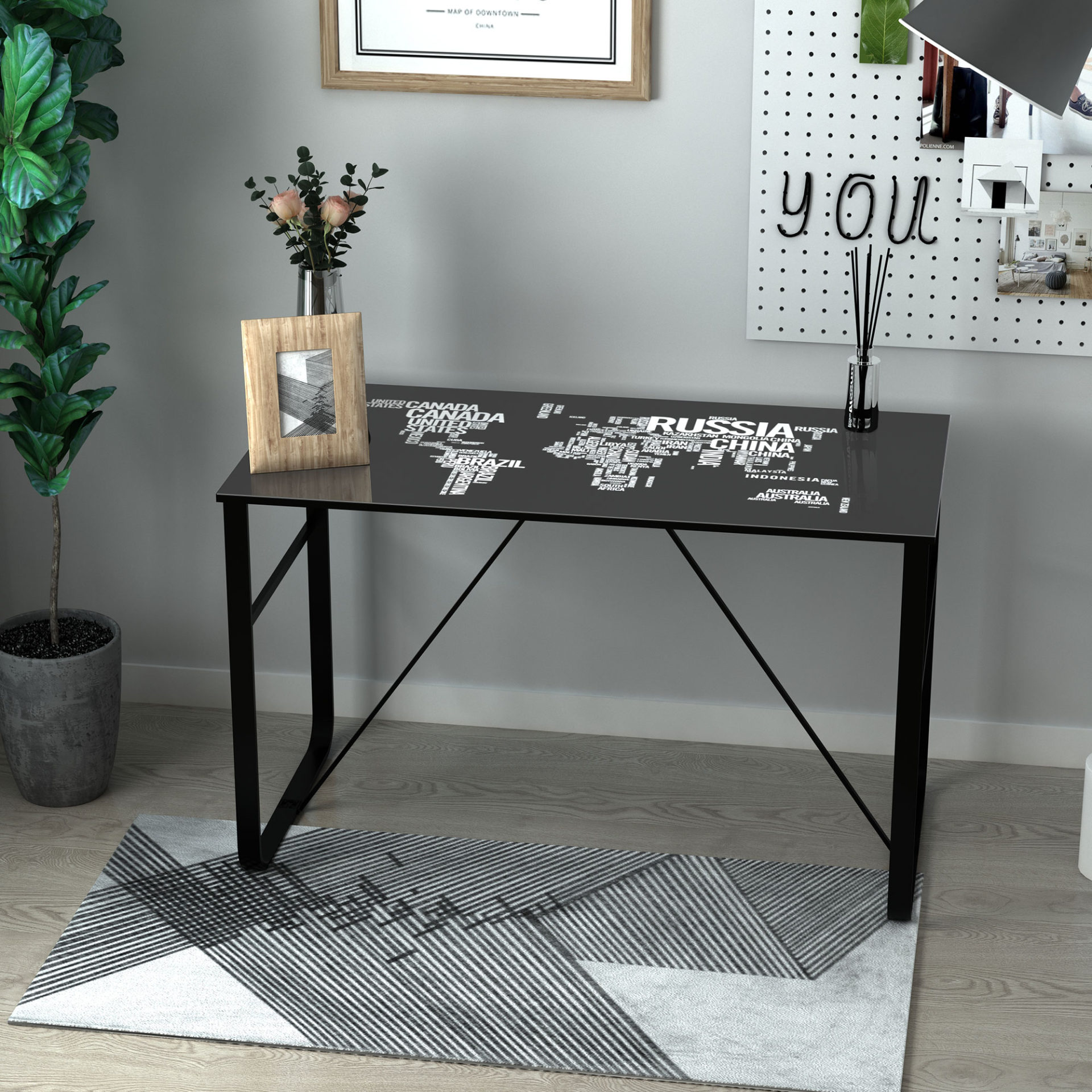 HOMCOM Glass Top Writing Desk with World Map Printing Working Station Home Office Table Gaming Desk Metal Frame Easy Assembly, Black