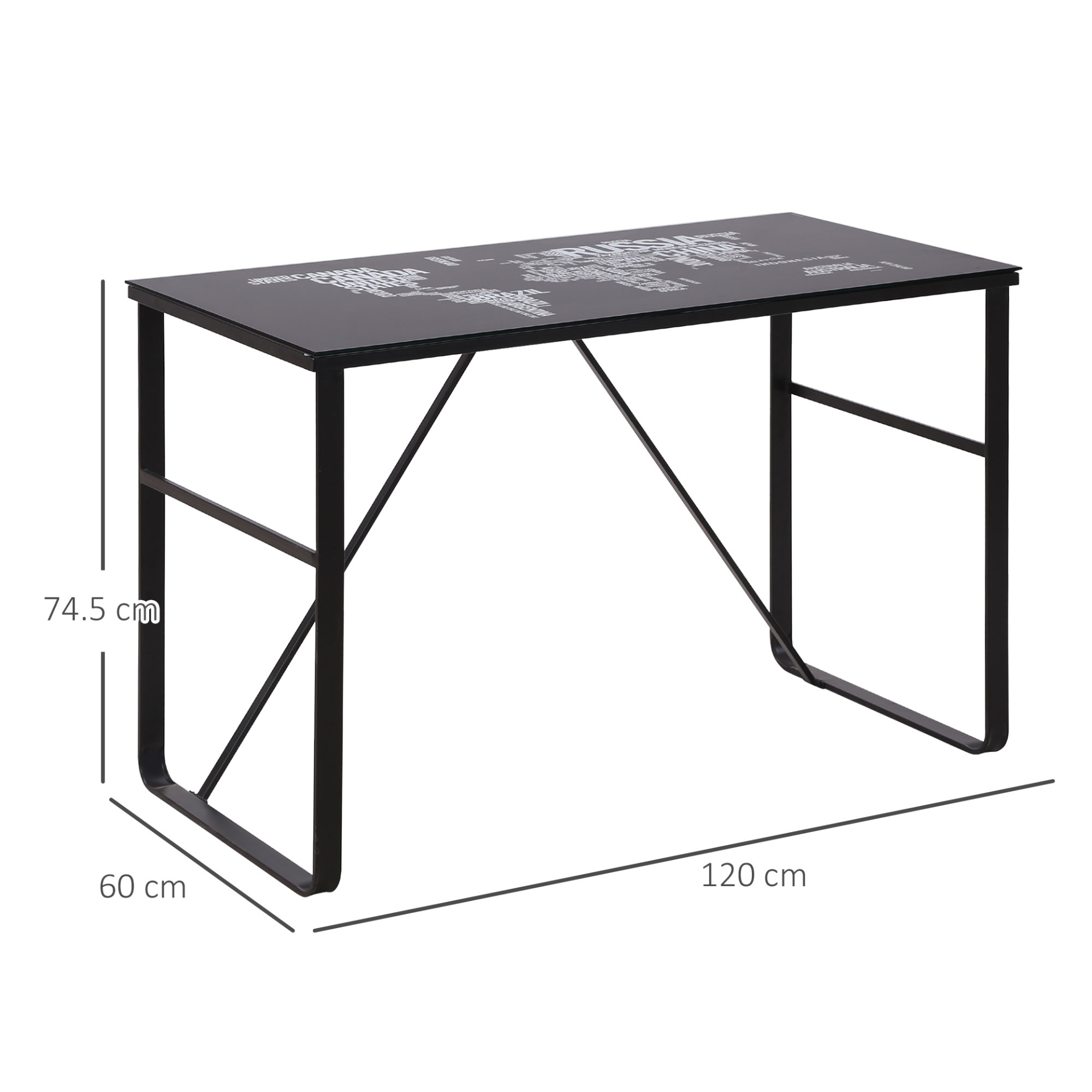 HOMCOM Glass Top Writing Desk with World Map Printing Working Station Home Office Table Gaming Desk Metal Frame Easy Assembly, Black