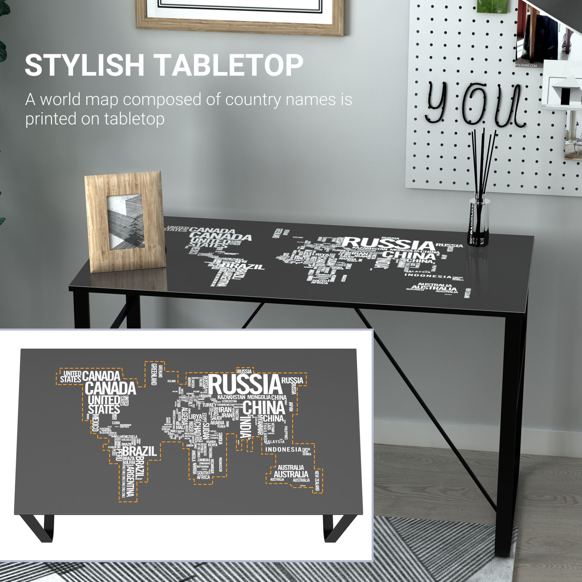 HOMCOM Glass Top Writing Desk with World Map Printing Working Station Home Office Table Gaming Desk Metal Frame Easy Assembly, Black