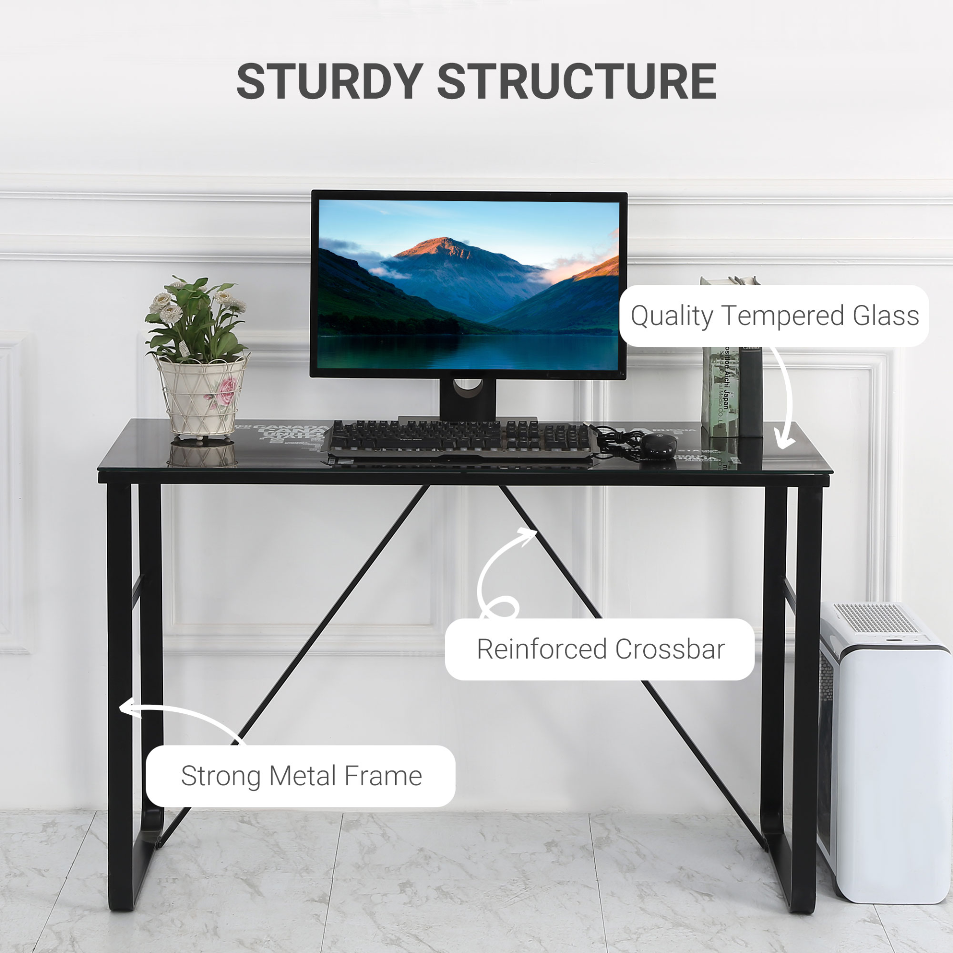 HOMCOM Glass Top Writing Desk with World Map Printing Working Station Home Office Table Gaming Desk Metal Frame Easy Assembly, Black