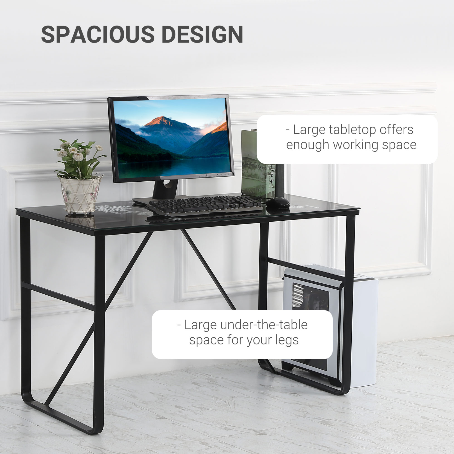 HOMCOM Glass Top Writing Desk with World Map Printing Working Station Home Office Table Gaming Desk Metal Frame Easy Assembly, Black