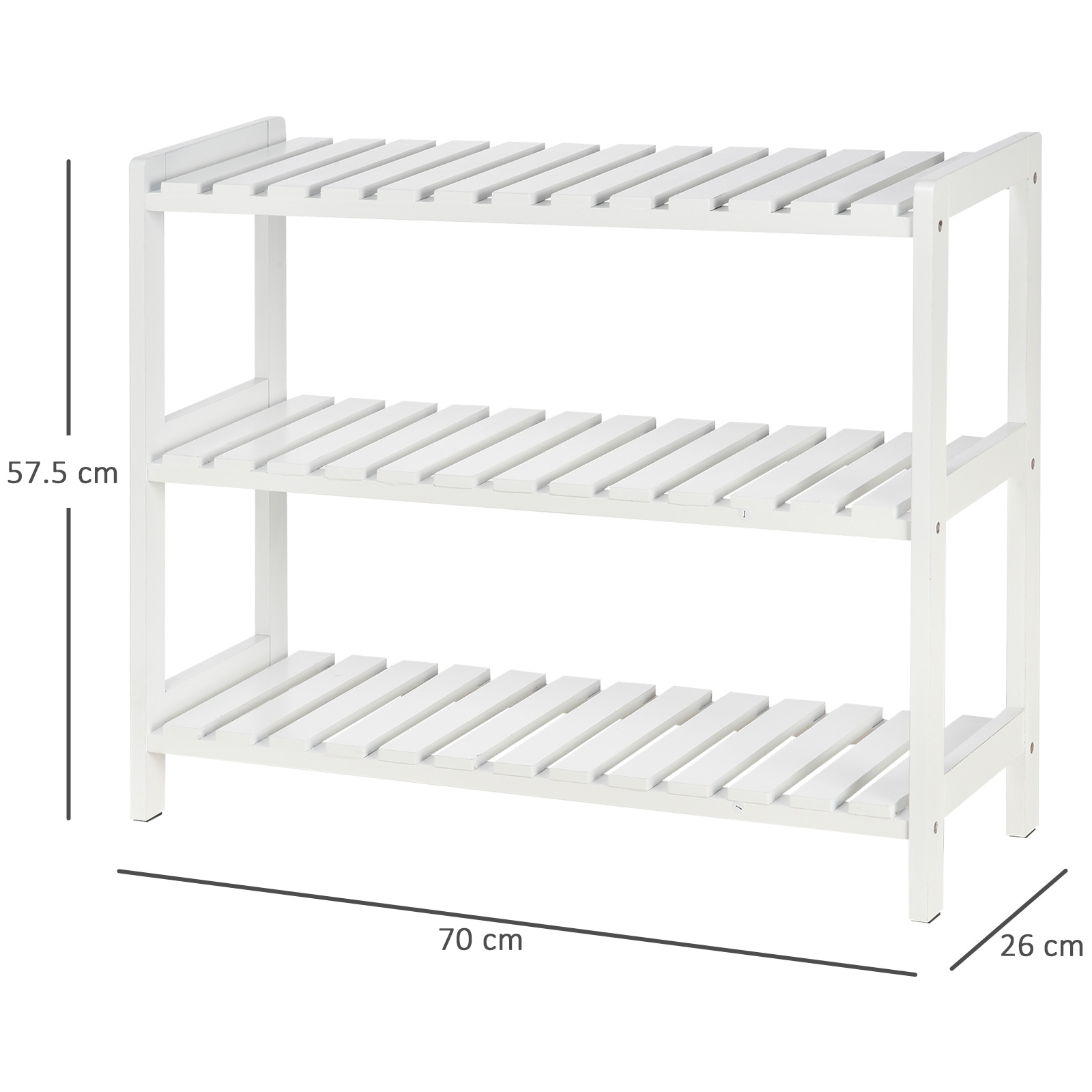 HOMCOM 3-Tier Shoe Rack Wood Frame Slatted Shelves Spacious Open Hygienic Storage Home Hallway Furniture Family Guests 70L x 26W x 57.5H cm - White