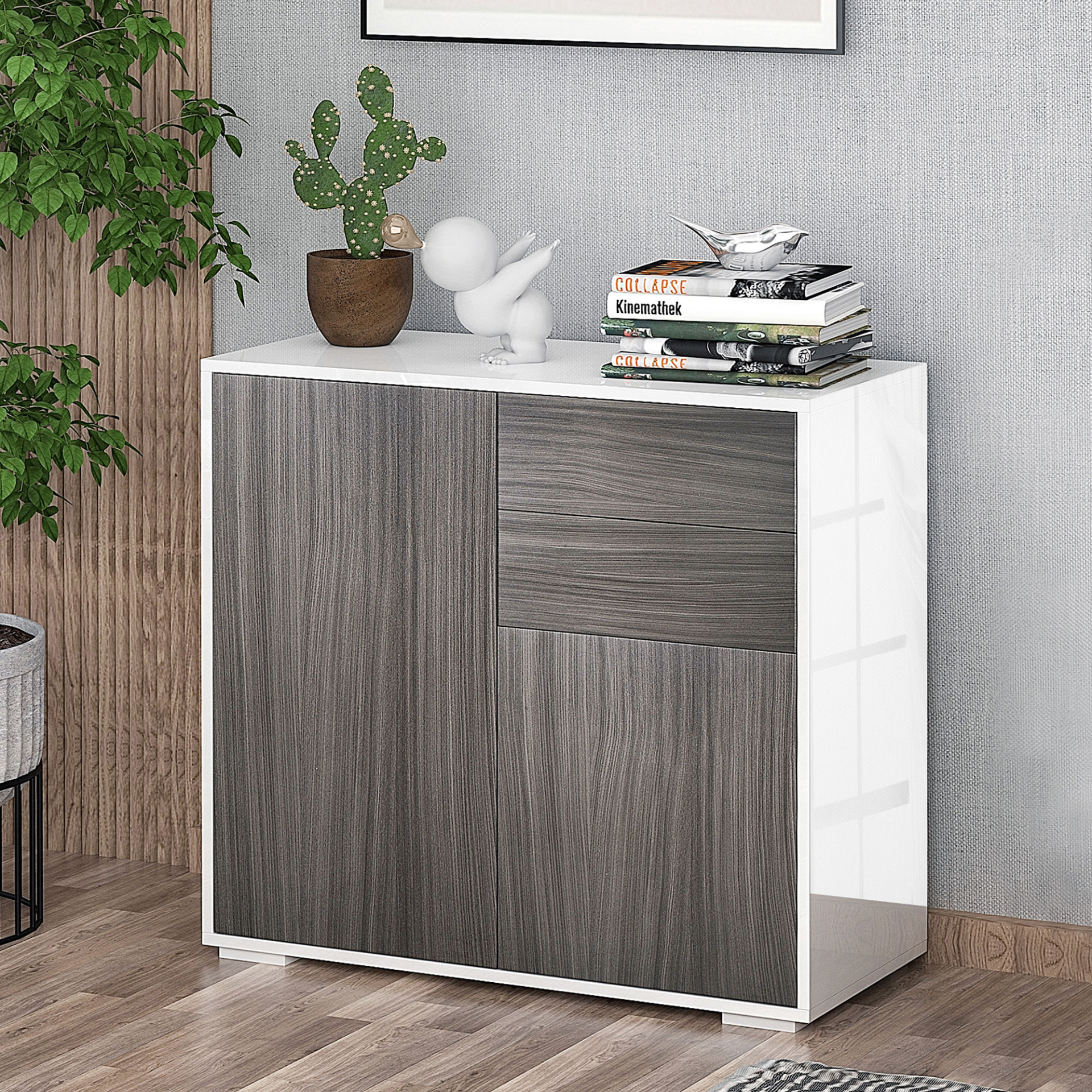 HOMCOM High Gloss Frame Sideboard, Side Cabinet, Push-Open Design with 2 Drawer for Living Room, Bedroom, Grey and White