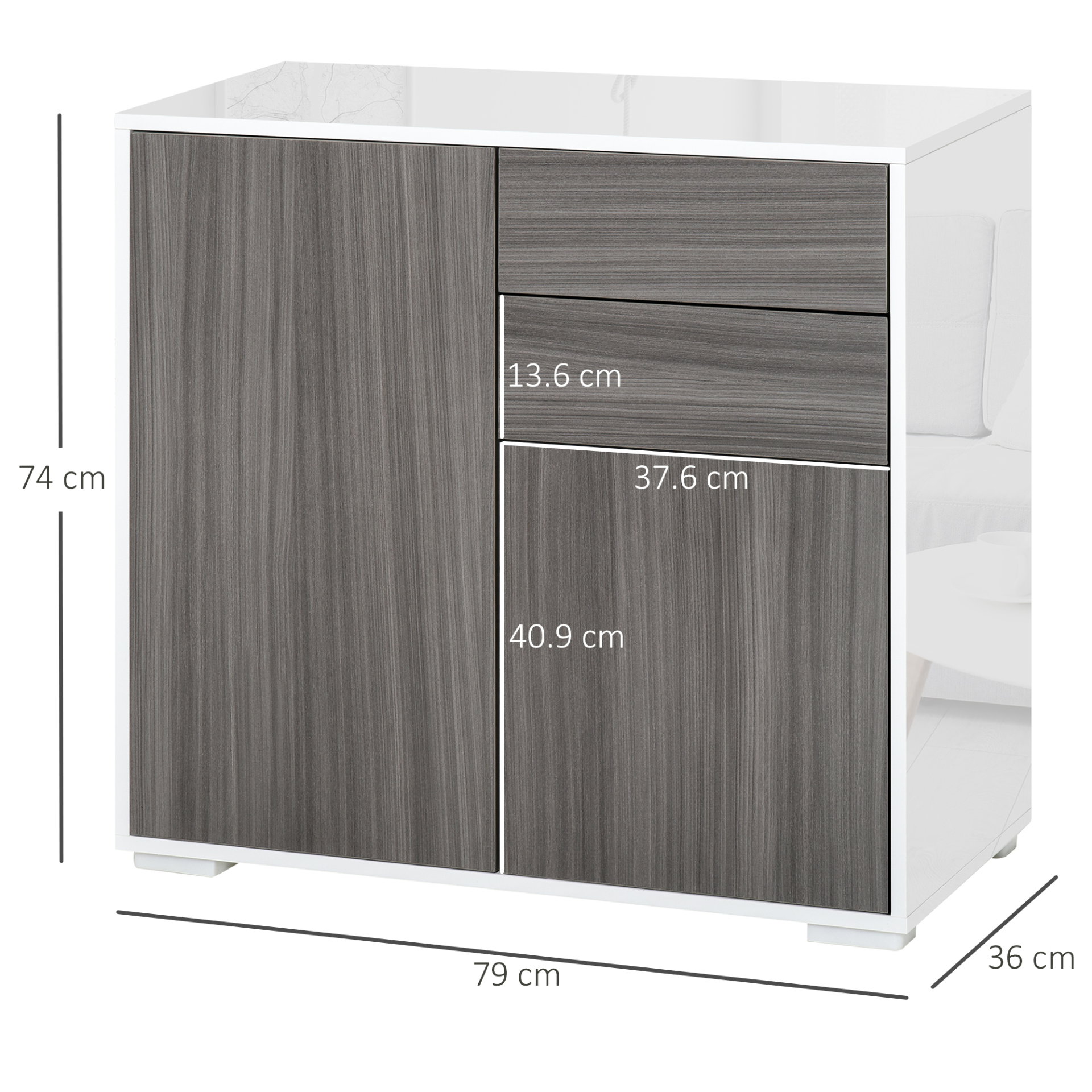 HOMCOM High Gloss Frame Sideboard, Side Cabinet, Push-Open Design with 2 Drawer for Living Room, Bedroom, Grey and White