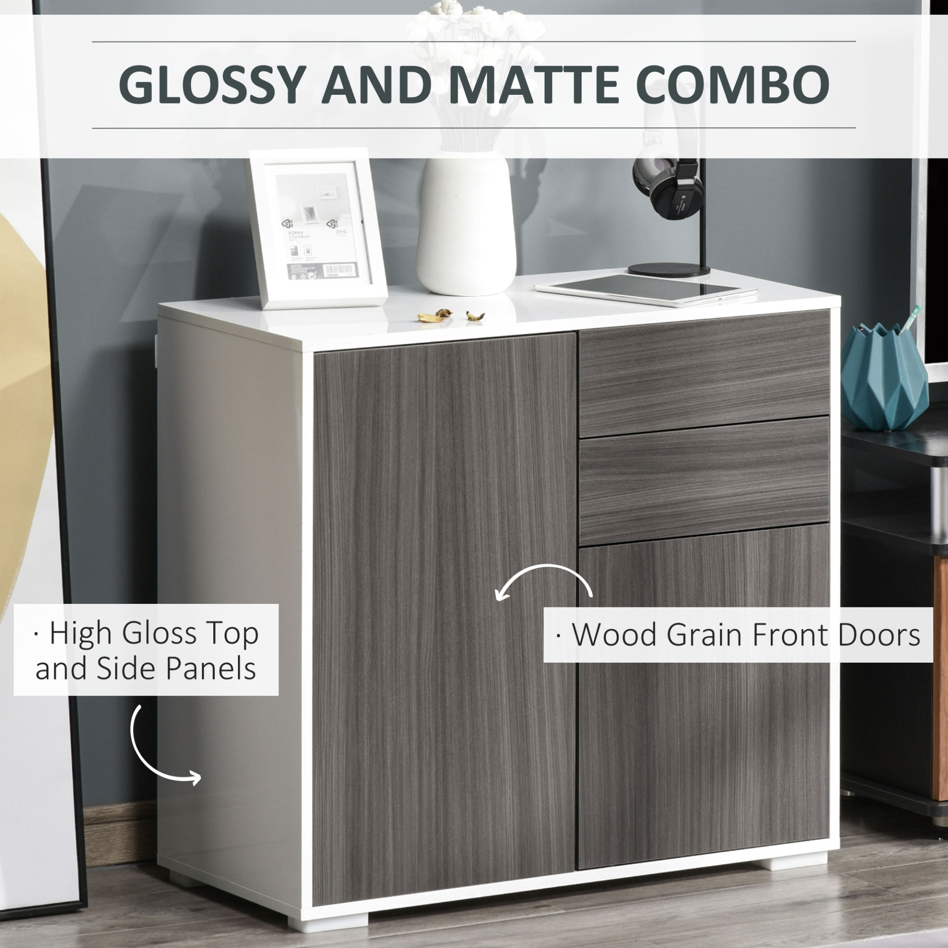 HOMCOM High Gloss Frame Sideboard, Side Cabinet, Push-Open Design with 2 Drawer for Living Room, Bedroom, Grey and White