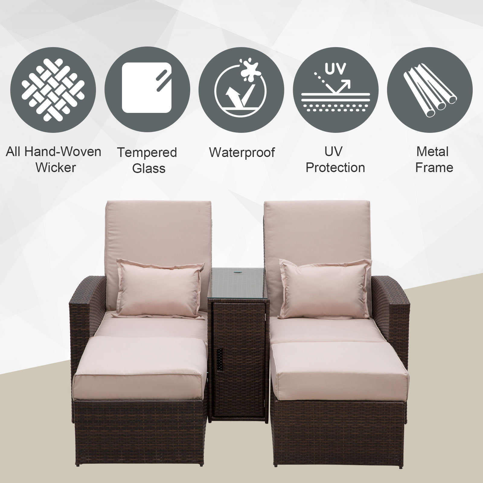 Outsunny Outdoor Adjustable Garden Rattan Companion Sofa Chair & Stool Lounger Recliner Love Sunbed Daybed Patio Wicker Weave Furniture Set Already Assembled with Umbrella Hole Brown