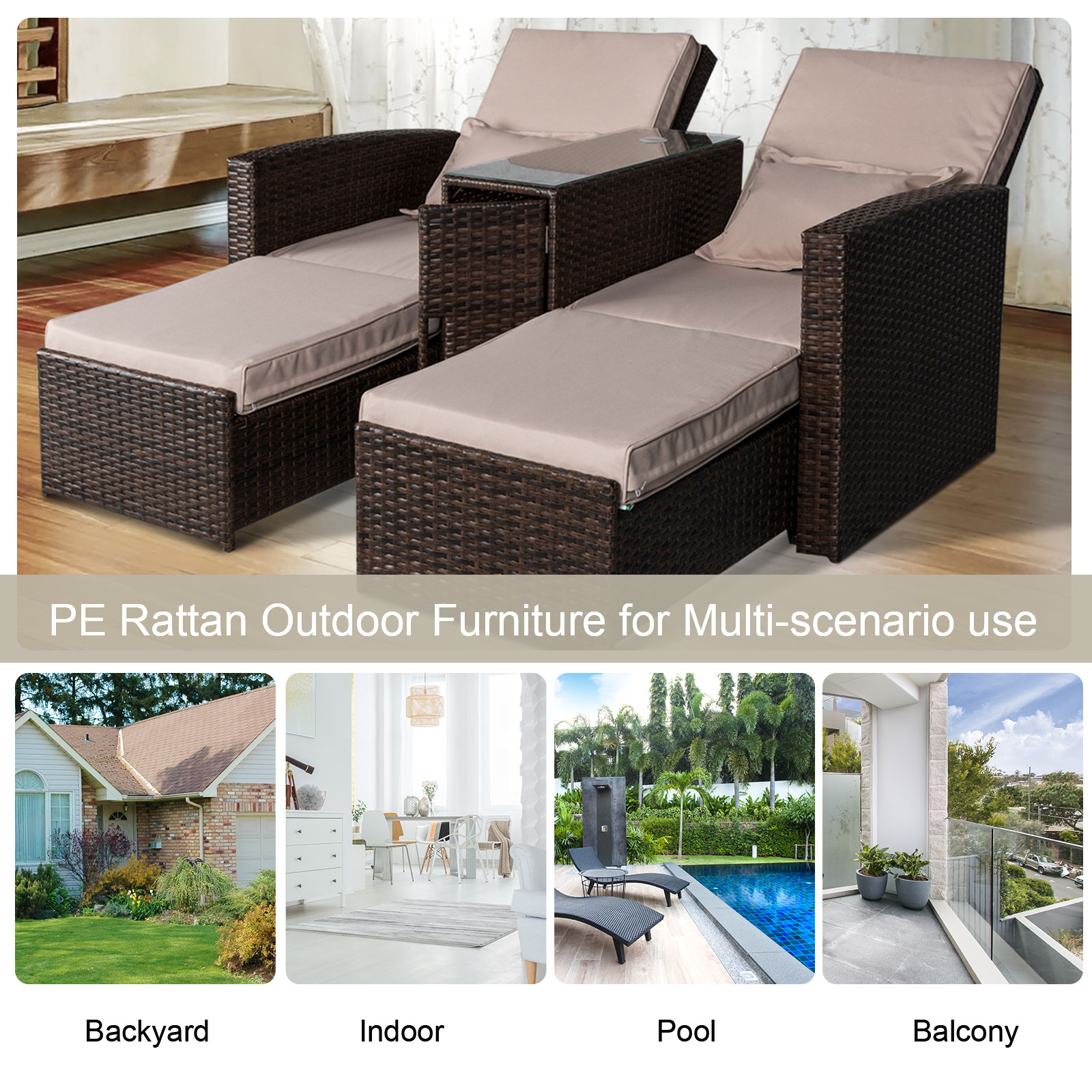 Outsunny Outdoor Adjustable Garden Rattan Companion Sofa Chair & Stool Lounger Recliner Love Sunbed Daybed Patio Wicker Weave Furniture Set Already Assembled with Umbrella Hole Brown