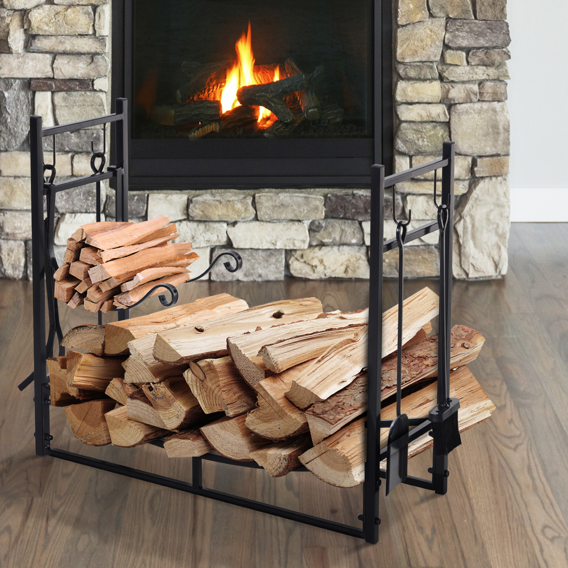 Outsunny Metal Firewood Log Holder Indoor Outdoor Firewood Rack Fireplace 2 Tier Wood Storage Shelf with 4 Tools, Hooks, Scrolls, Black, 84W x 33D x 76H cm