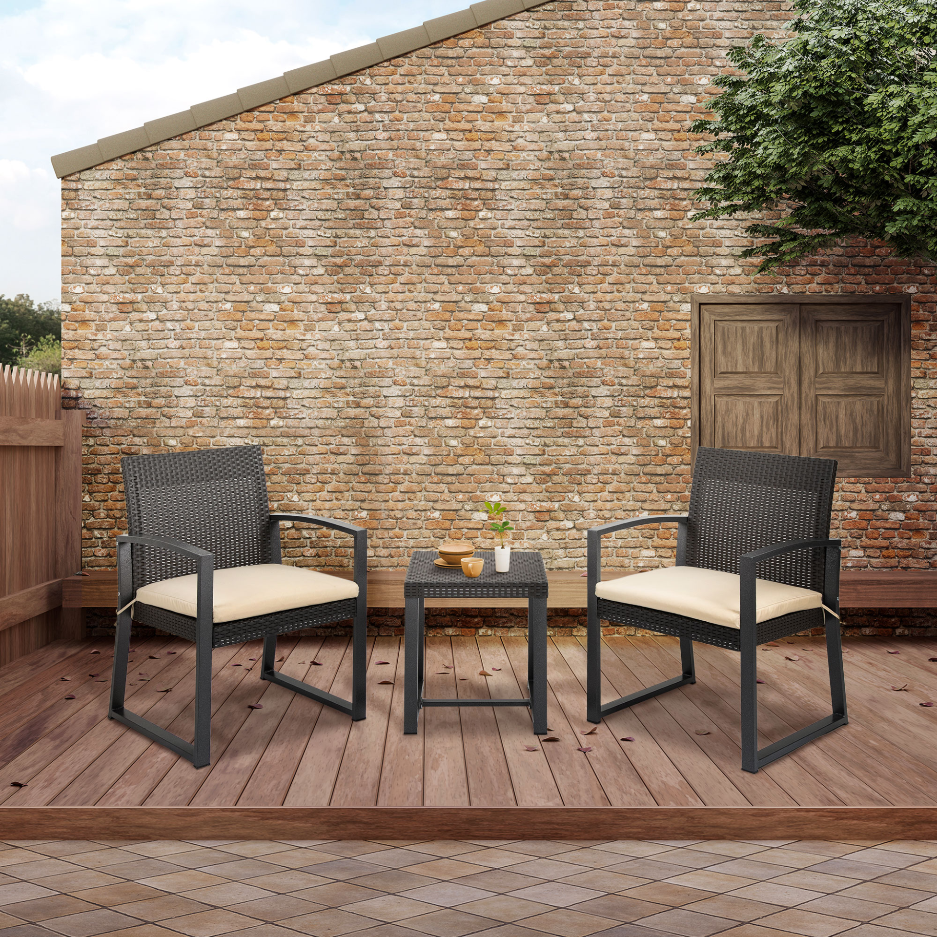 Outsunny Outdoor Garden PP Rattan Style Bistro Set, 3 PCS Patio Side Table Set w/ 2 Cushioned Single Chairs Conservatory Furniture, Brown