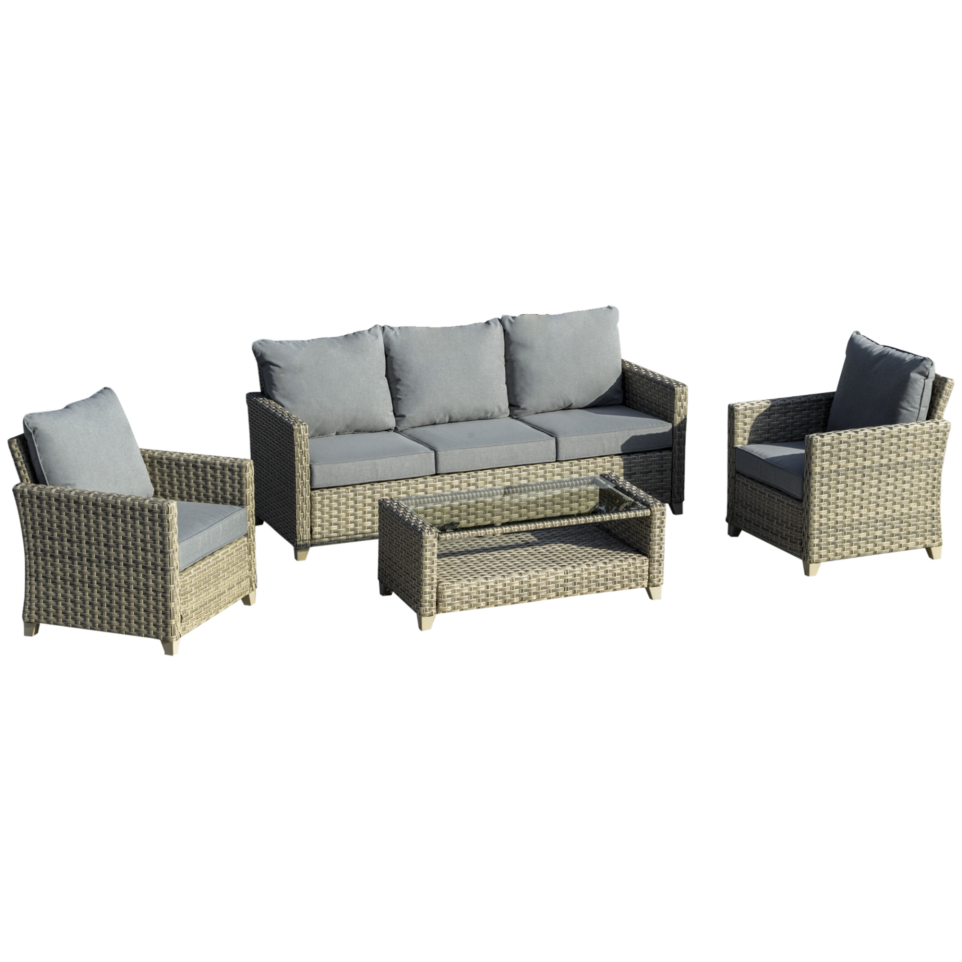 Outsunny 4 Pieces Patio Wicker Sofa Set, Outdoor PE Rattan Sectional Conversation Aluminium Frame Furniture Set w/ Padded Cushion & 2-Tier Tea Table, Brown