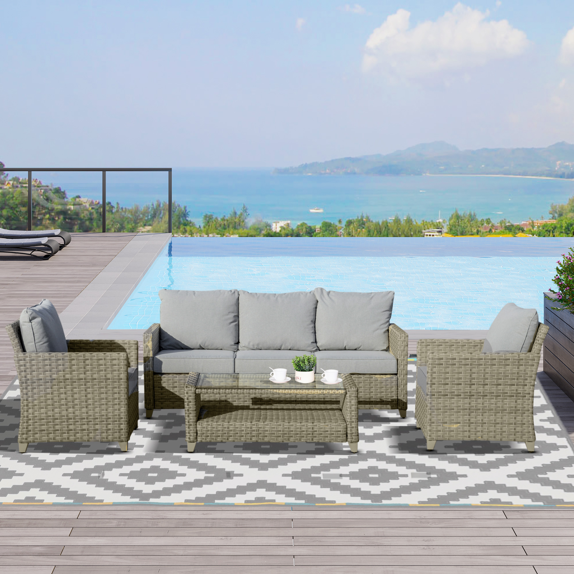 Outsunny 4 Pieces Patio Wicker Sofa Set, Outdoor PE Rattan Sectional Conversation Aluminium Frame Furniture Set w/ Padded Cushion & 2-Tier Tea Table, Brown