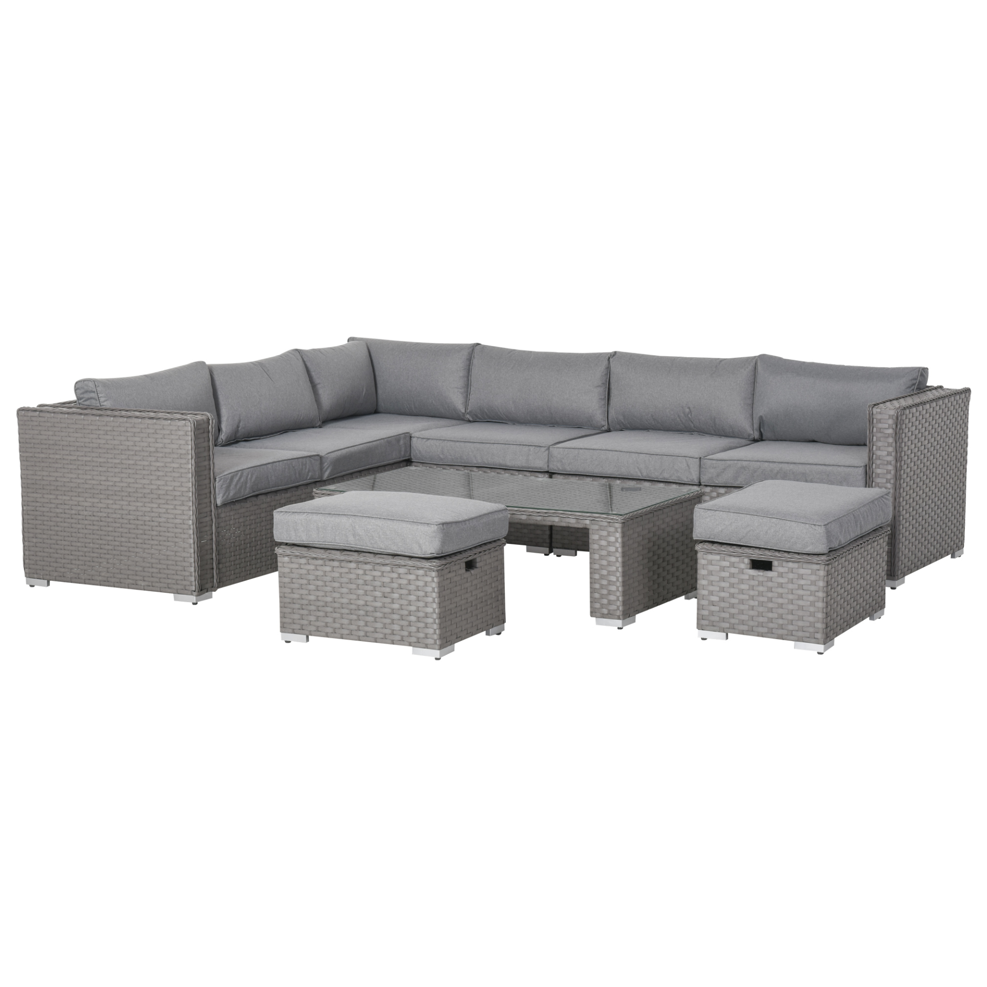 Outsunny 6 PCs PE Rattan Wicker Corner Sofa Set, Outdoor Aluminum Conservatory Furniture Lawn Patio Coffee Table Footstool w/ Cushion - Grey