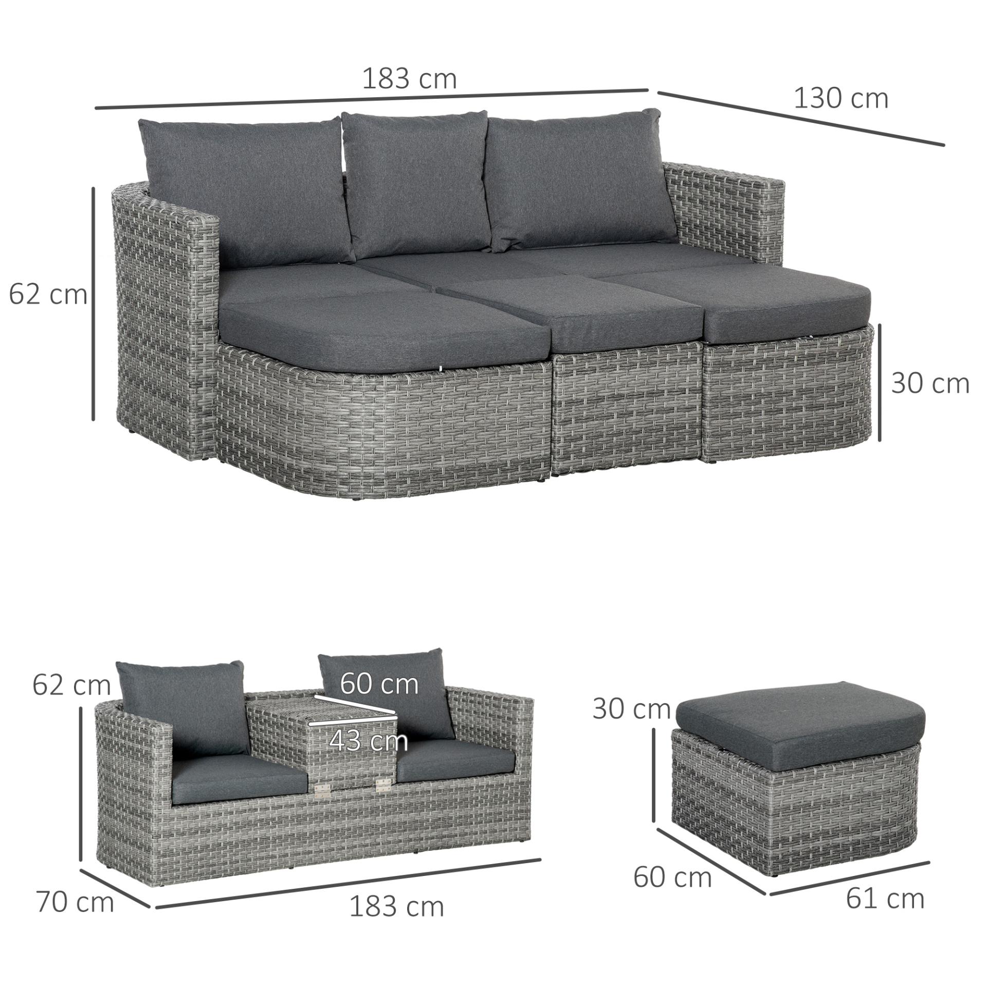 Outsunny Three Pieces Outdoor PE Rattan Sofa Set, Patio Wicker Conversation Double Chaise Lounge Furniture Set w/ Side Table, Large Daybed w/ Cushion, Mixed Grey