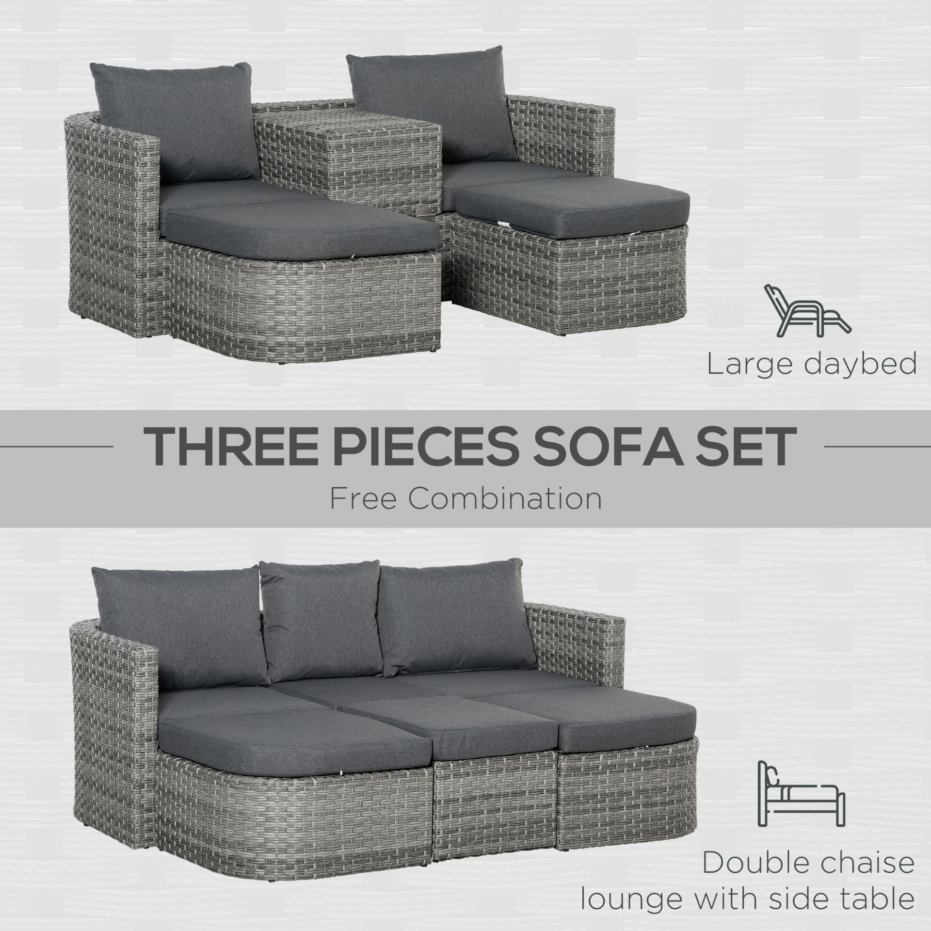 Outsunny Three Pieces Outdoor PE Rattan Sofa Set, Patio Wicker Conversation Double Chaise Lounge Furniture Set w/ Side Table, Large Daybed w/ Cushion, Mixed Grey
