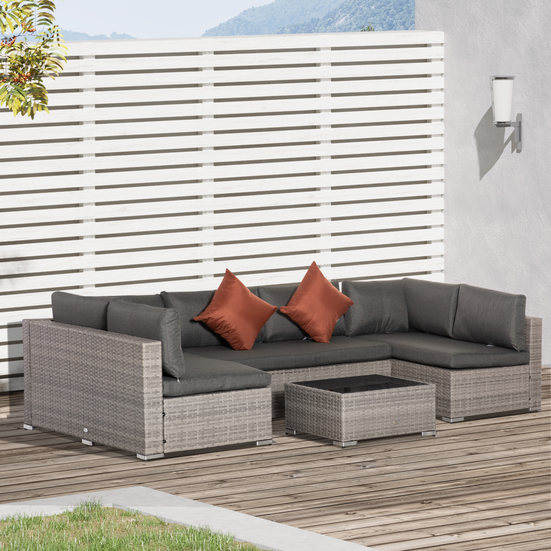 Outsunny 4 Pieces Patio PE Rattan Wicker Corner Sofa Set, Outdoor All Weather  6 Seater Conservatory Furniture, w/ Tempered Glass Coffee Table & Cushions for Lawn, Garden, Deep Grey