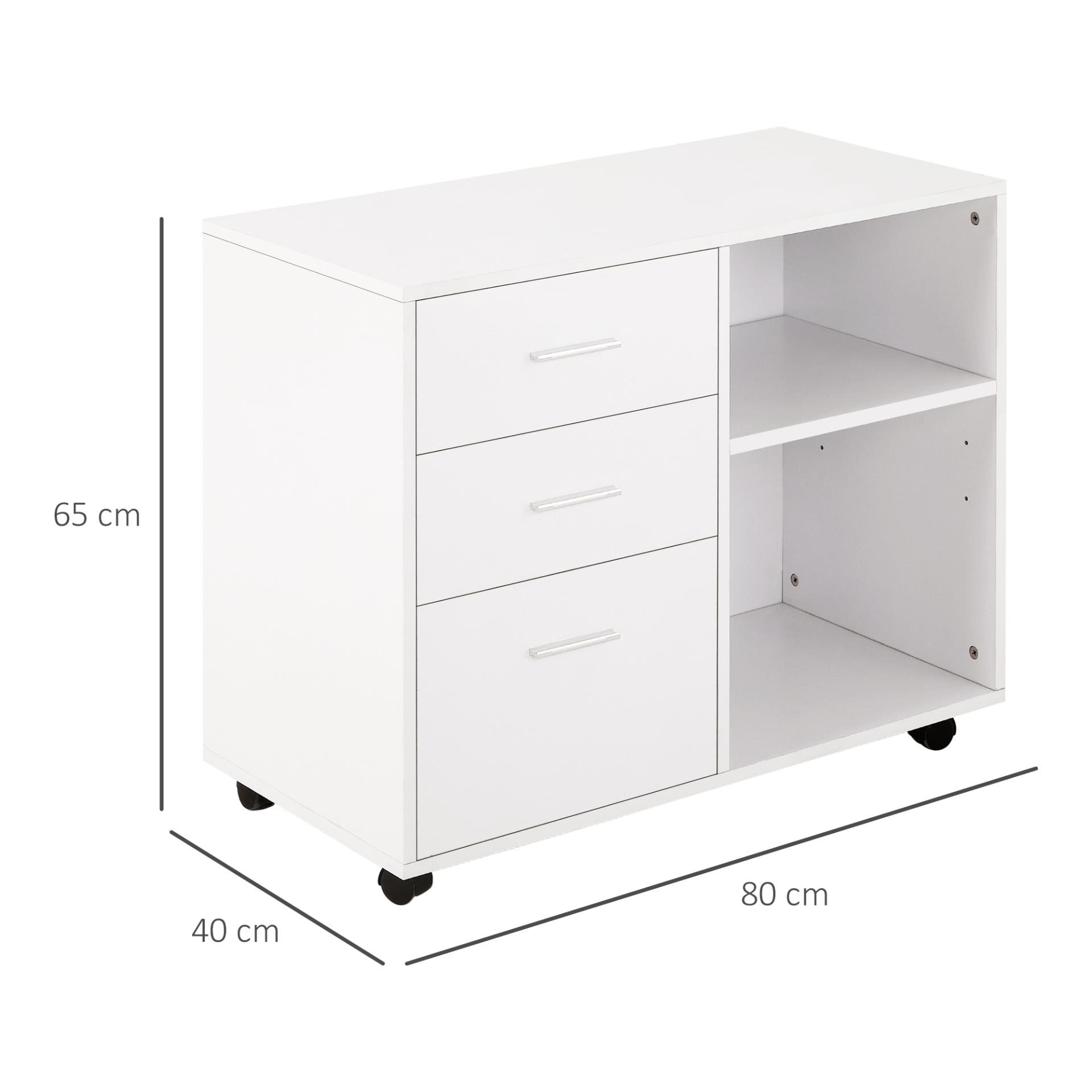 HOMCOM Freestanding Printer Stand Unit Office Desk Side Mobile Storage w/ Wheels 3 Drawers, 2 Open Shelves Modern Style 80L x 40W x 65H cm - White