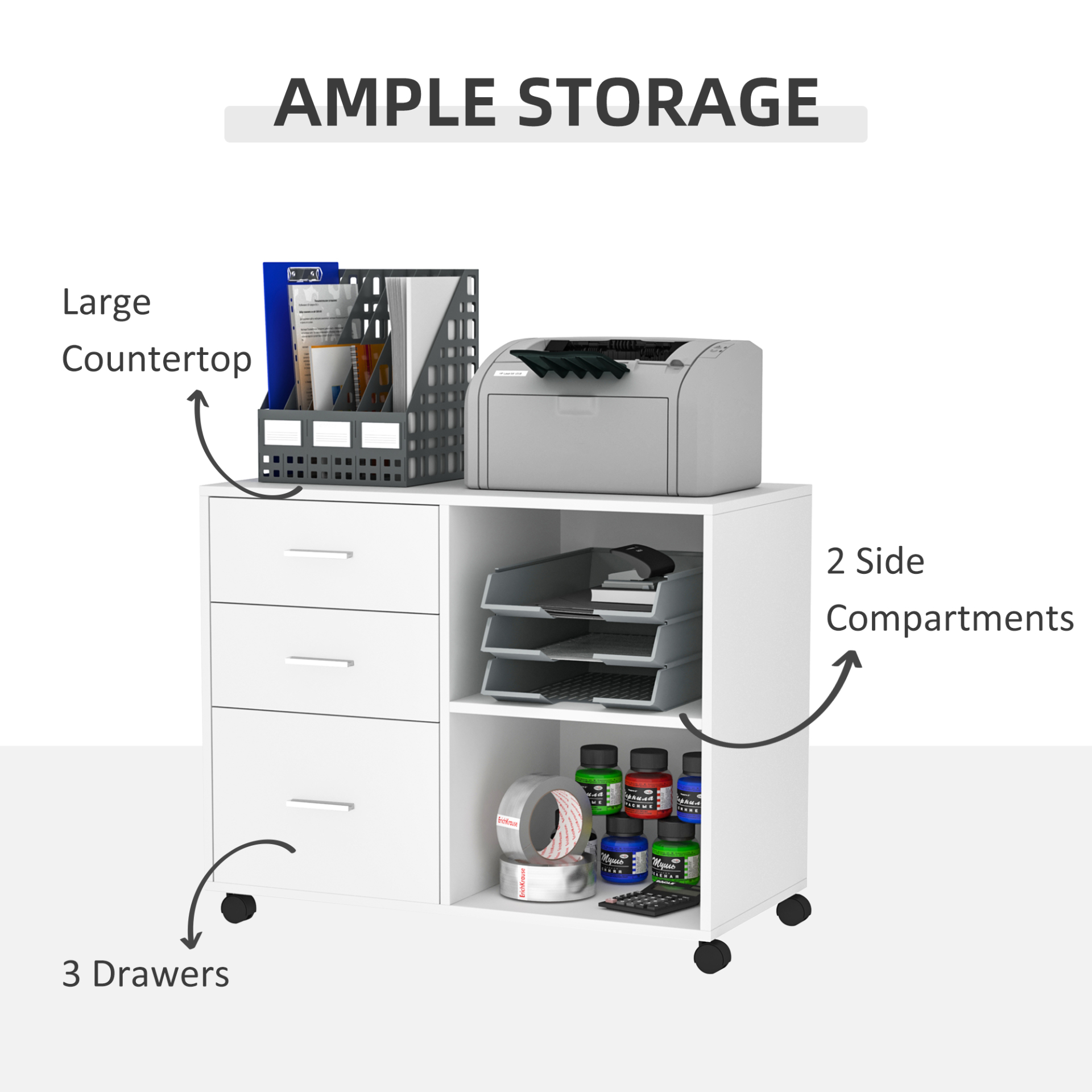 HOMCOM Freestanding Printer Stand Unit Office Desk Side Mobile Storage w/ Wheels 3 Drawers, 2 Open Shelves Modern Style 80L x 40W x 65H cm - White