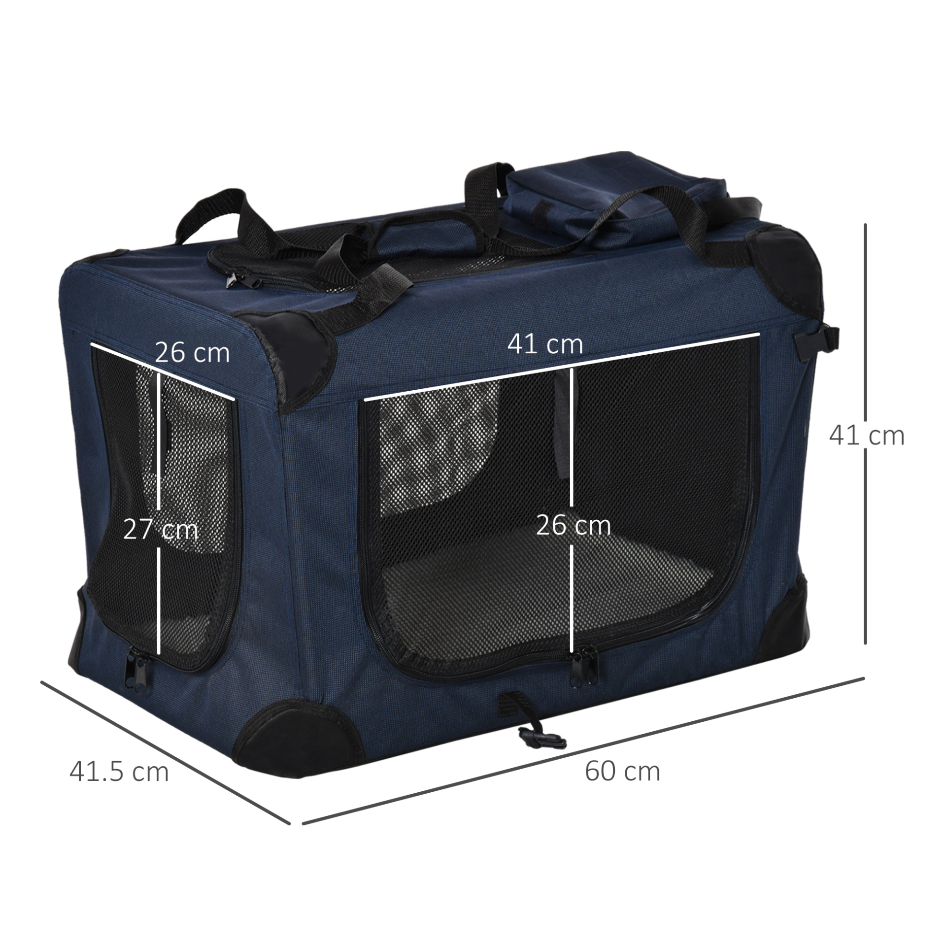 PawHut Folding Pet Carrier Bag Soft Portable Dog Cat Crate Puppy Kennel Cage House with Cushion Storage Bags Dark Blue, 60 x 41.5 x 41cm