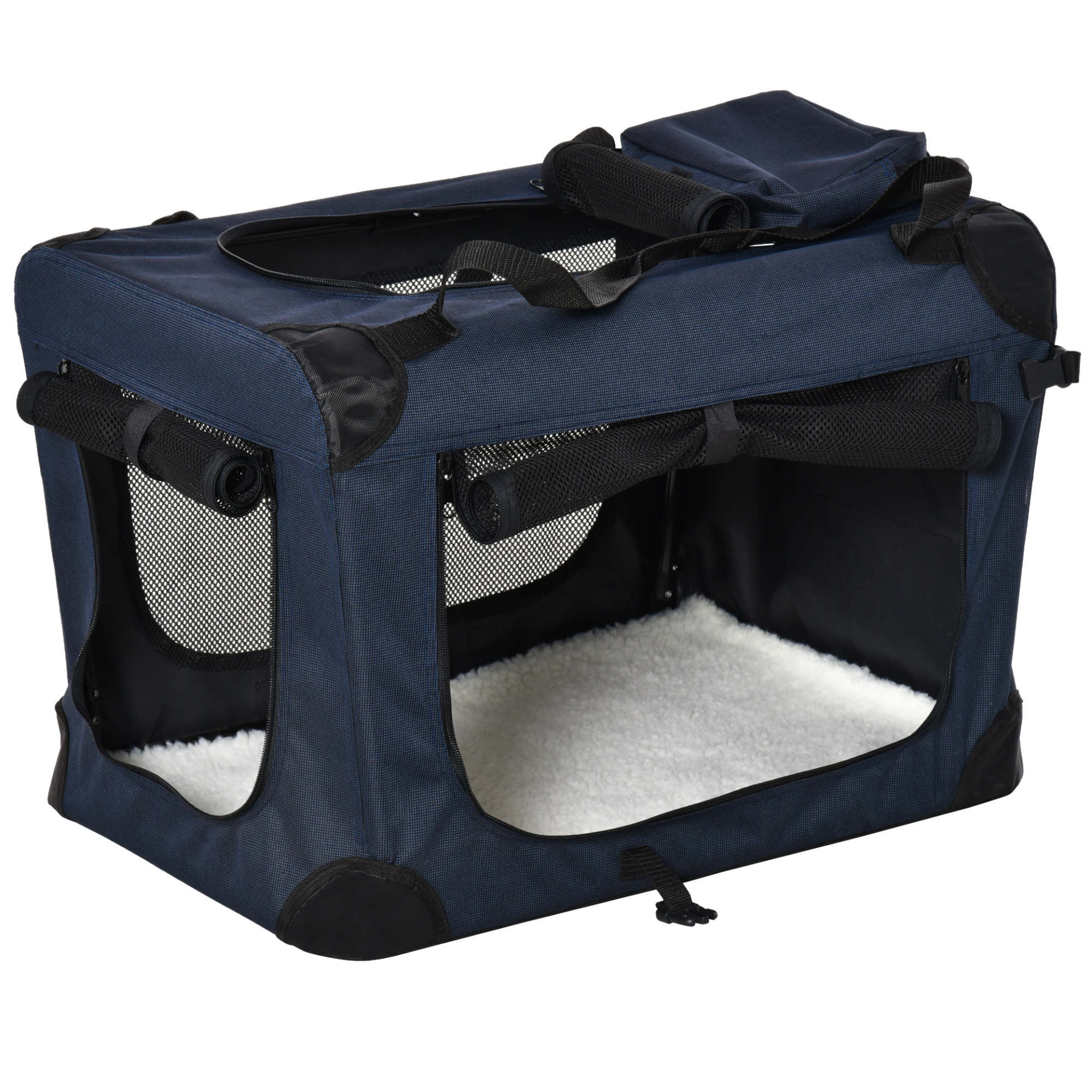 PawHut Folding Pet Carrier Bag Soft Portable Dog Cat Crate Puppy Kennel Cage House with Cushion Storage Bags Dark Blue, 60 x 41.5 x 41cm