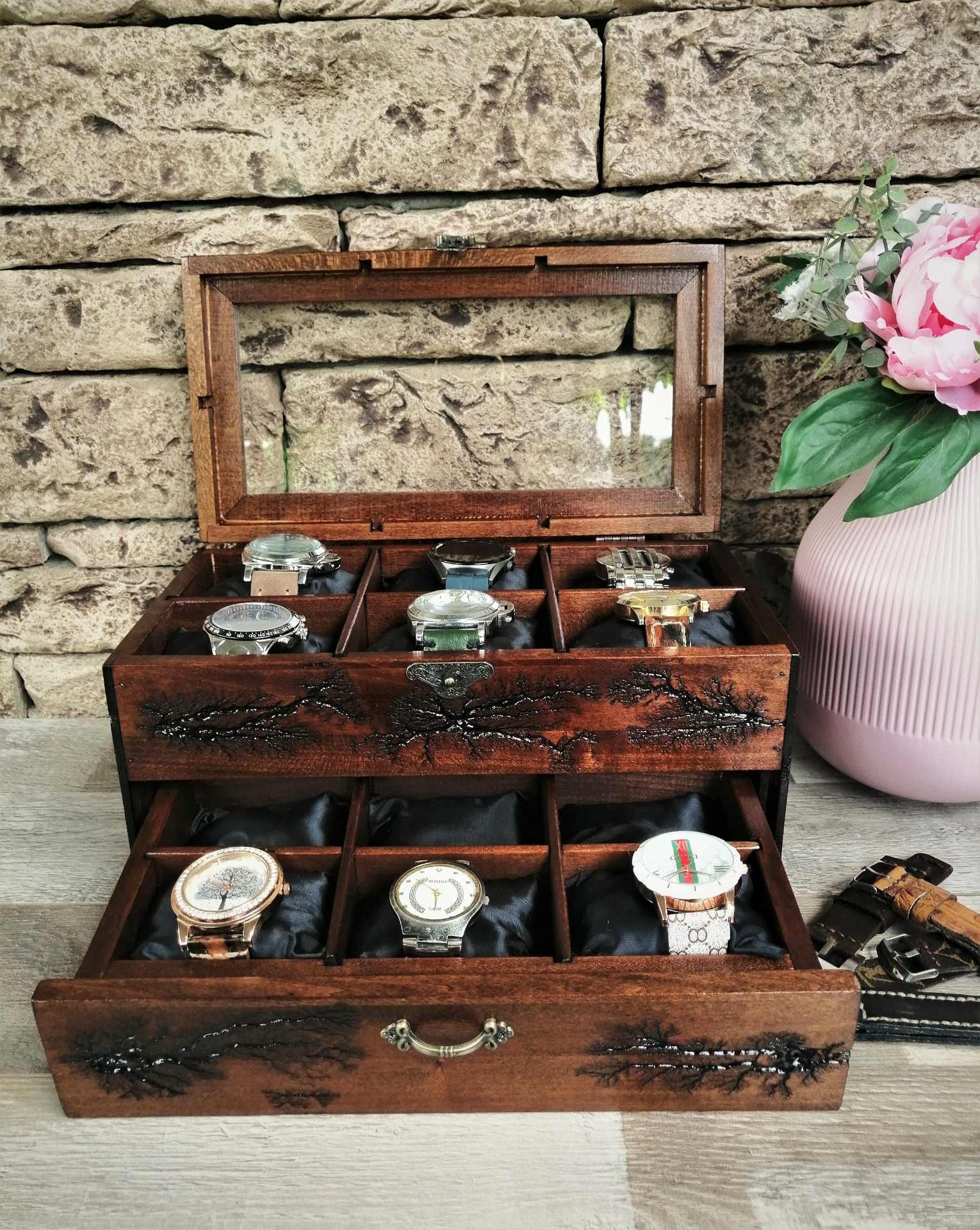 Wood Watch Box Storage With Drawer Glass Display Top, 12 Slot Watchbox Lichtenberg Figure