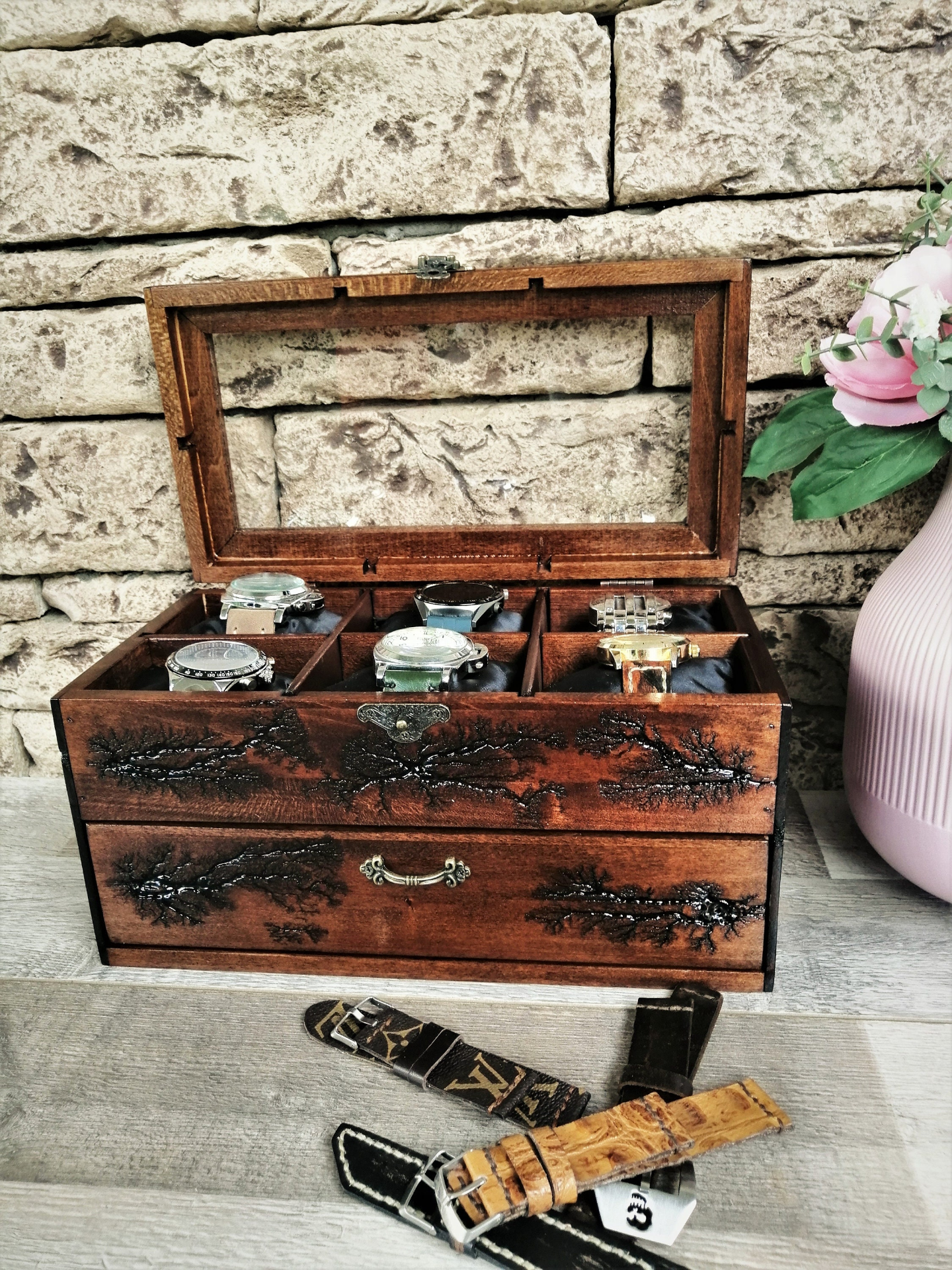 Wood Watch Box Storage With Drawer Glass Display Top, 12 Slot Watchbox Lichtenberg Figure