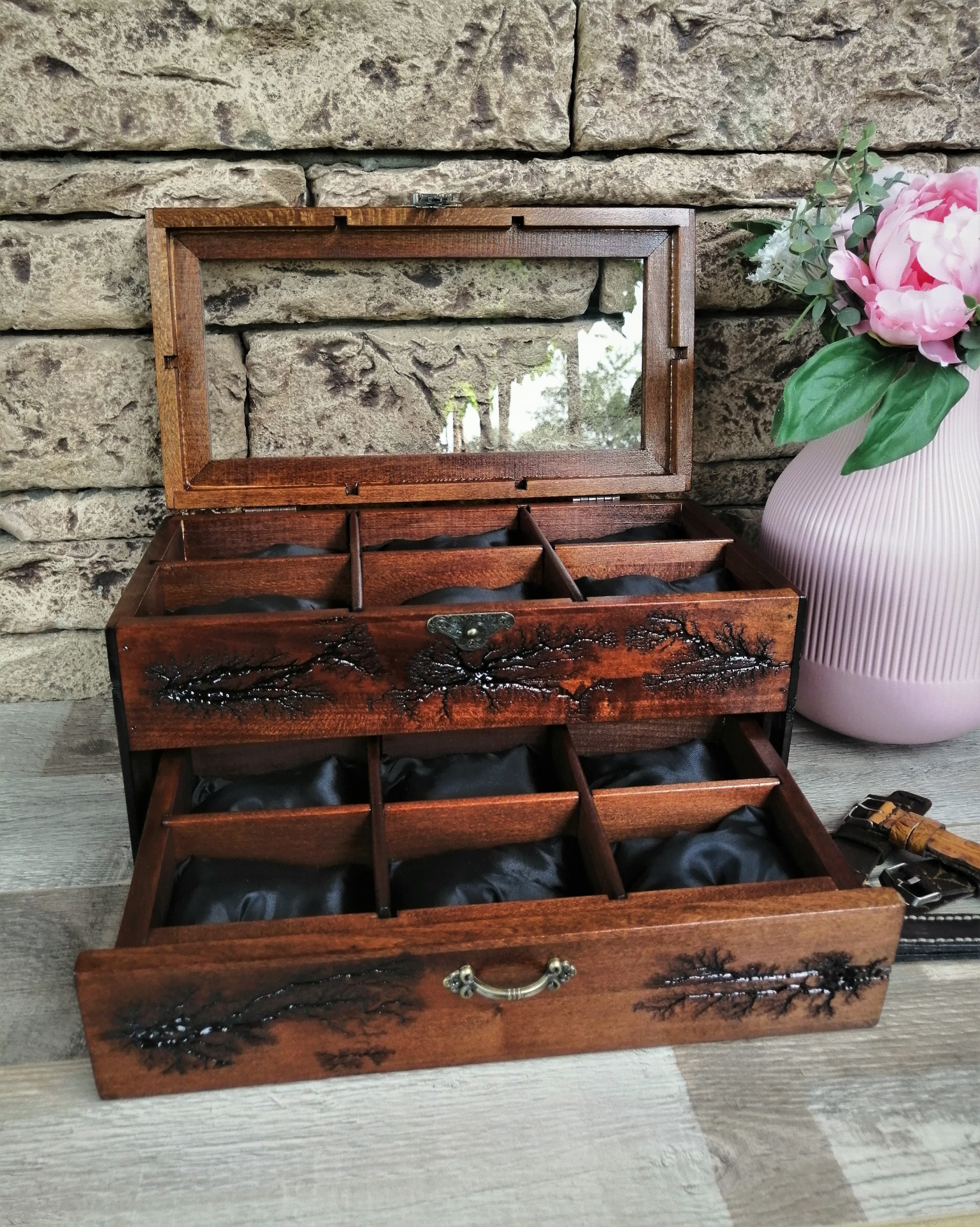 Wood Watch Box Storage With Drawer Glass Display Top, 12 Slot Watchbox Lichtenberg Figure