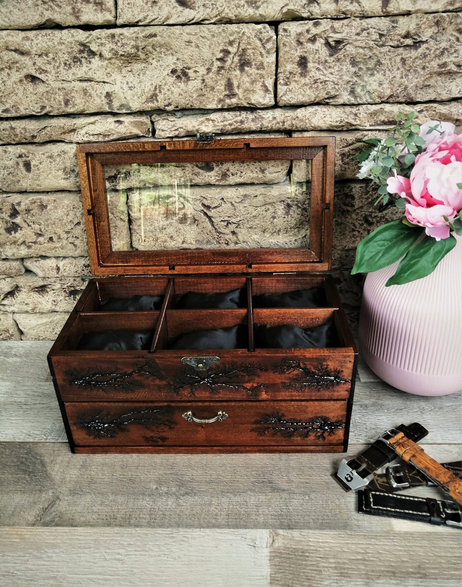 Wood Watch Box Storage With Drawer Glass Display Top, 12 Slot Watchbox Lichtenberg Figure