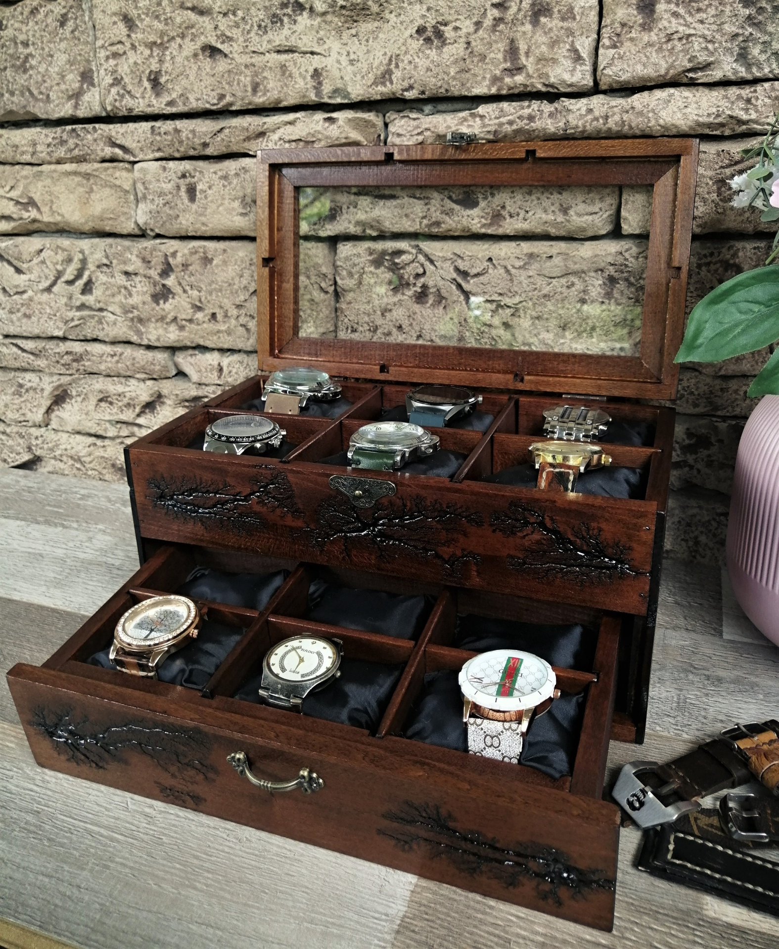 Wood Watch Box Storage With Drawer Glass Display Top, 12 Slot Watchbox Lichtenberg Figure