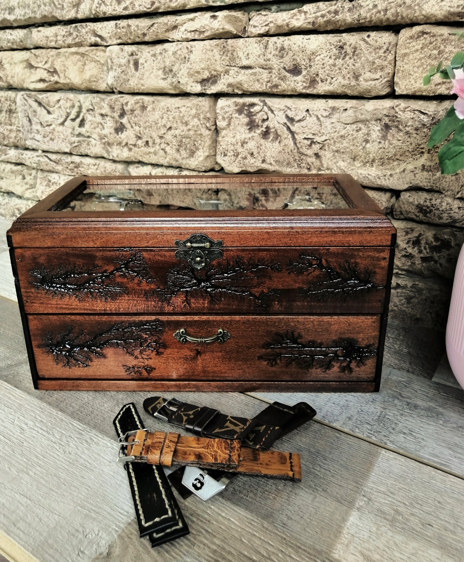 Wood Watch Box Storage With Drawer Glass Display Top, 12 Slot Watchbox Lichtenberg Figure