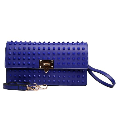 L1510 - Miss Lulu Leather Look Studded Envelope Clutch Bag Navy