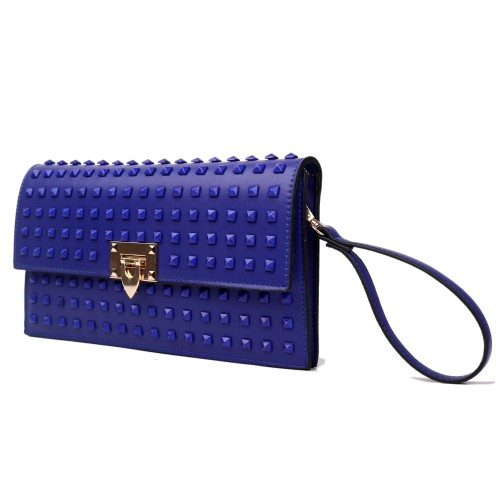 L1510 - Miss Lulu Leather Look Studded Envelope Clutch Bag Navy