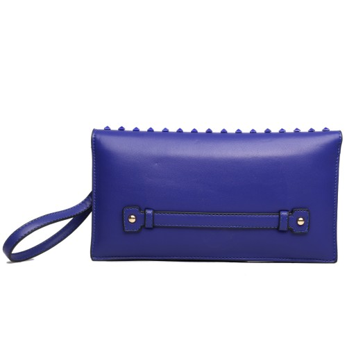 L1510 - Miss Lulu Leather Look Studded Envelope Clutch Bag Navy