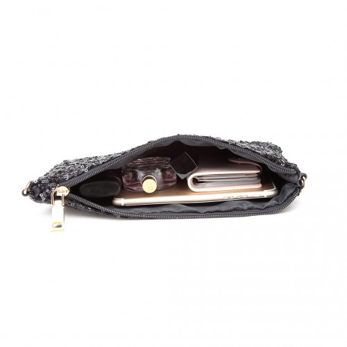 LH1765 BK- Miss Lulu Sequins Clutch Evening Bag Black