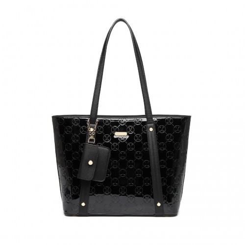 LD2217 - Miss Lulu 4 Pieces Glossy Leather Tote Bag Set - Black