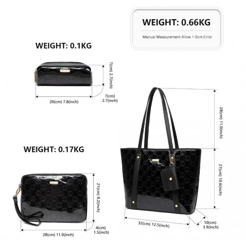 LD2217 - Miss Lulu 4 Pieces Glossy Leather Tote Bag Set - Black