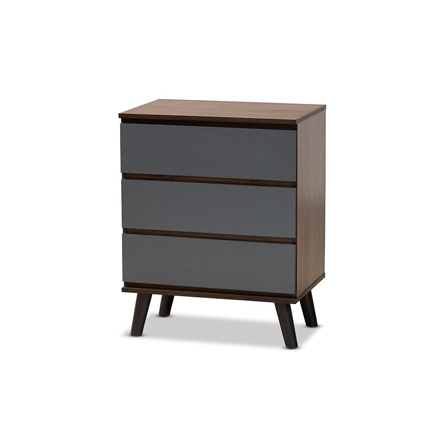 Baxton Studio Roldan Modern and Contemporary Two-Tone Walnut and Grey Finished Wood 3-Drawer Bedroom Chest