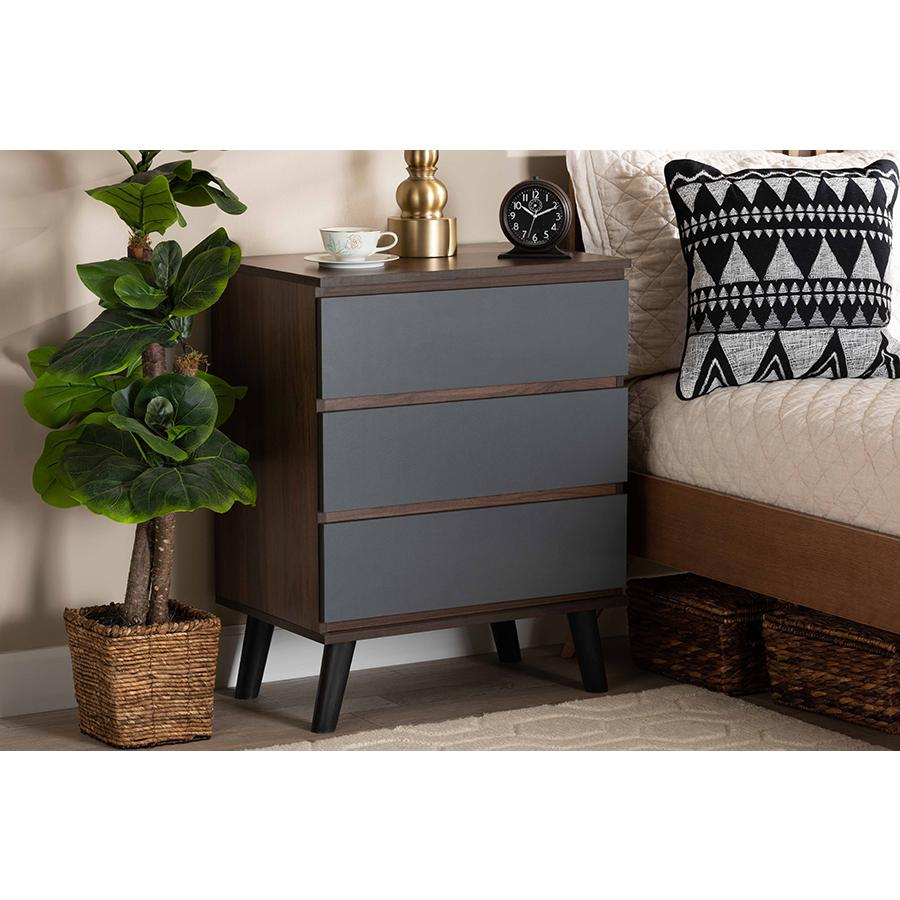 Baxton Studio Roldan Modern and Contemporary Two-Tone Walnut and Grey Finished Wood 3-Drawer Bedroom Chest