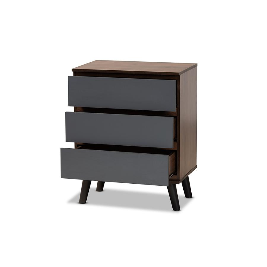 Baxton Studio Roldan Modern and Contemporary Two-Tone Walnut and Grey Finished Wood 3-Drawer Bedroom Chest